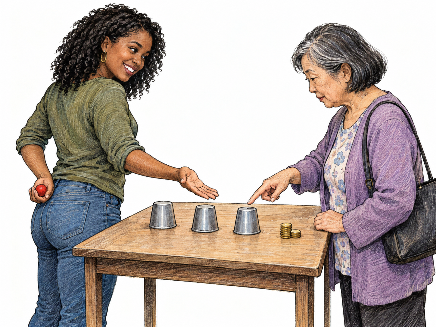 A dishonest shell-game operator invites a customer to choose among three cups while secretly holding the missing ball behind her back.