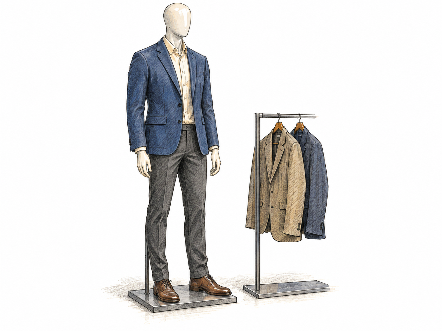 A full-body clothing-store mannequin on a display base, wearing a tailored jacket and trousers.