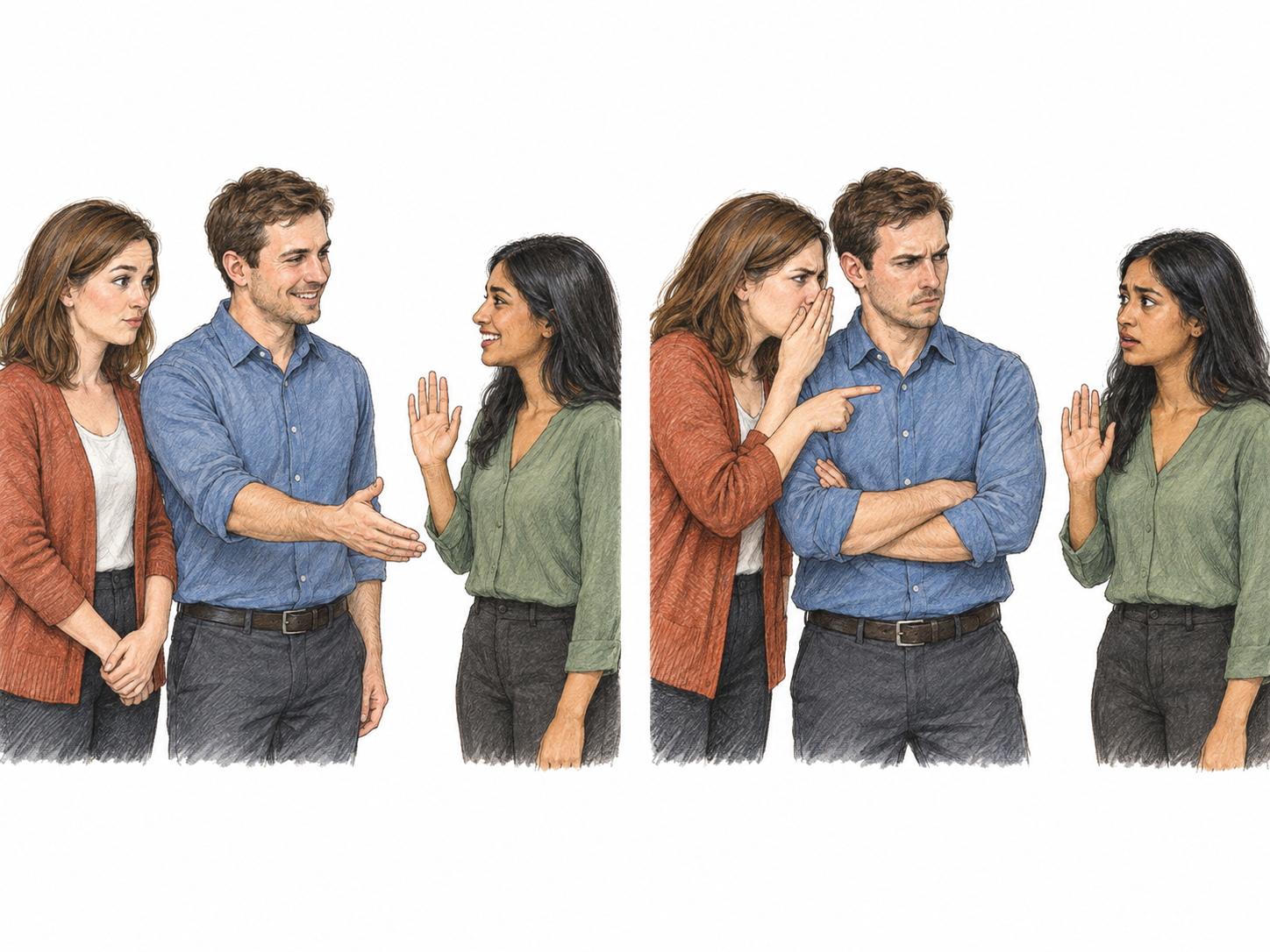 A compact two-moment scene shows a malicious remark turning a listener’s friendly regard for another person into distrust: an approachable colleague is warmly greeted, then privately pointed out by a whispering detractor as the listener withdraws.