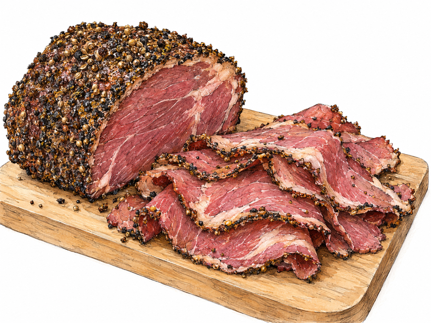 A partially sliced piece of pastrami on a small wooden cutting board, with thin, folded slices showing rosy beef, pale fat seams, and a dark, coarse pepper-and-spice crust.