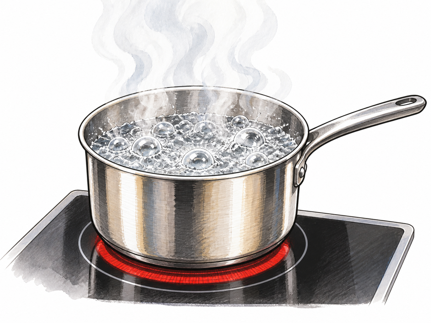 Clear water in an open metal saucepan on a modern hob reaches a rolling boil, bubbles breaking surface with visible steam, no labels or numbers.