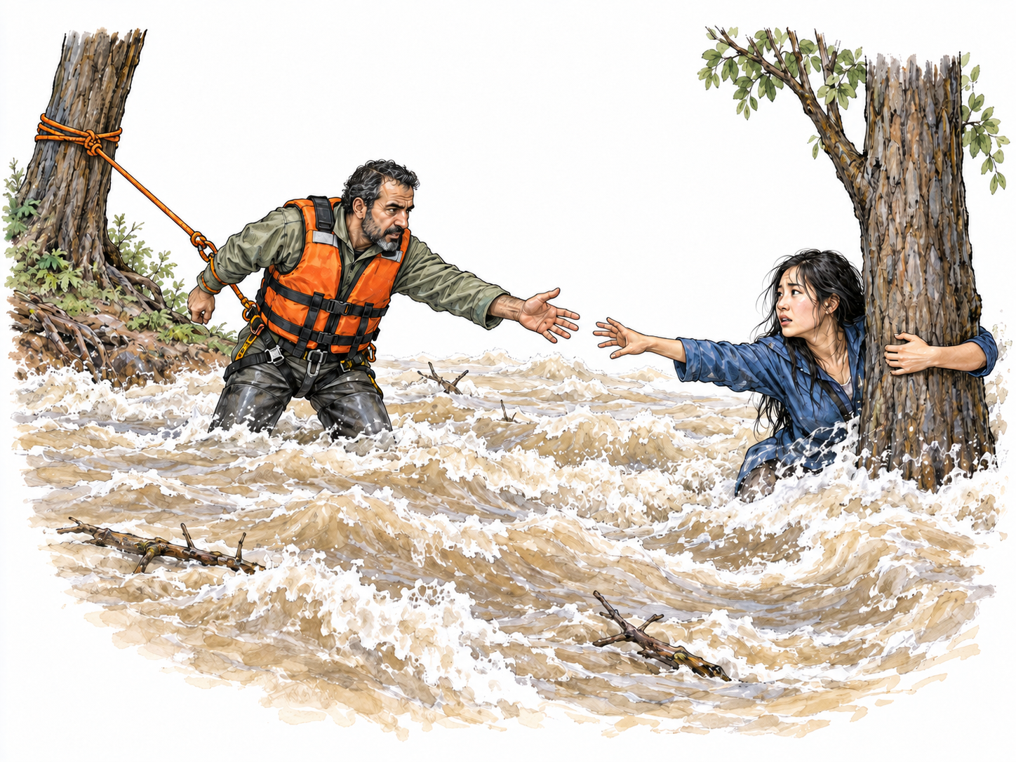 A visibly frightened but determined rescuer, secured to a shore anchor, wades into fast floodwater and reaches for a woman clinging to a tree.