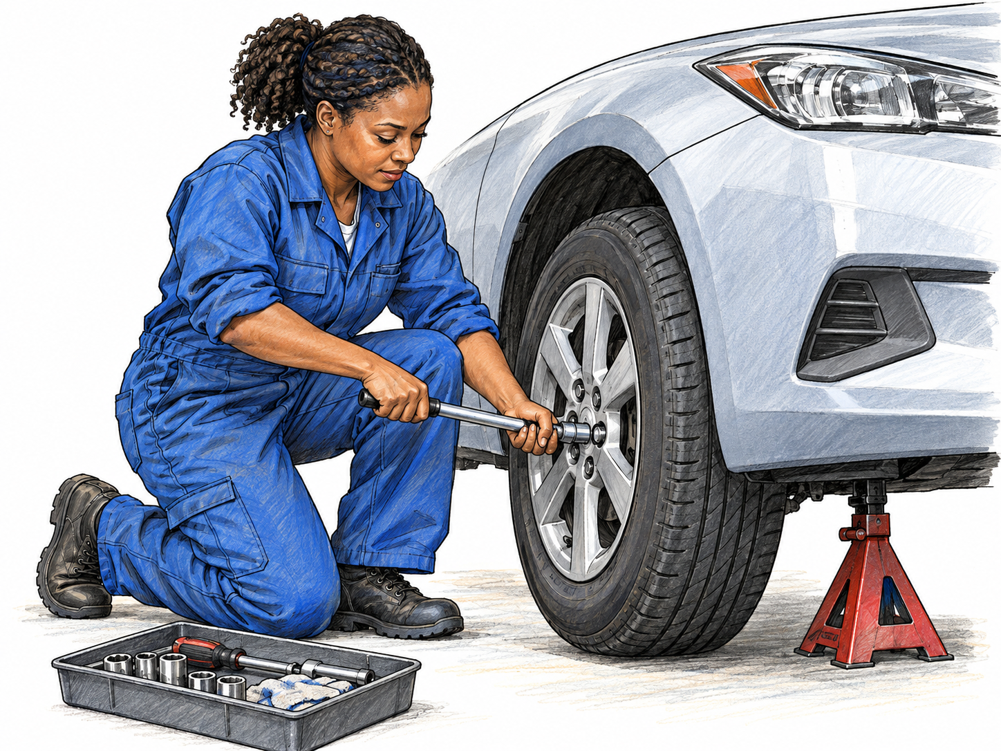 A mechanic kneels beside the front wheel of a modern car, tightening a wheel nut with a socket wrench seated properly on the nut.