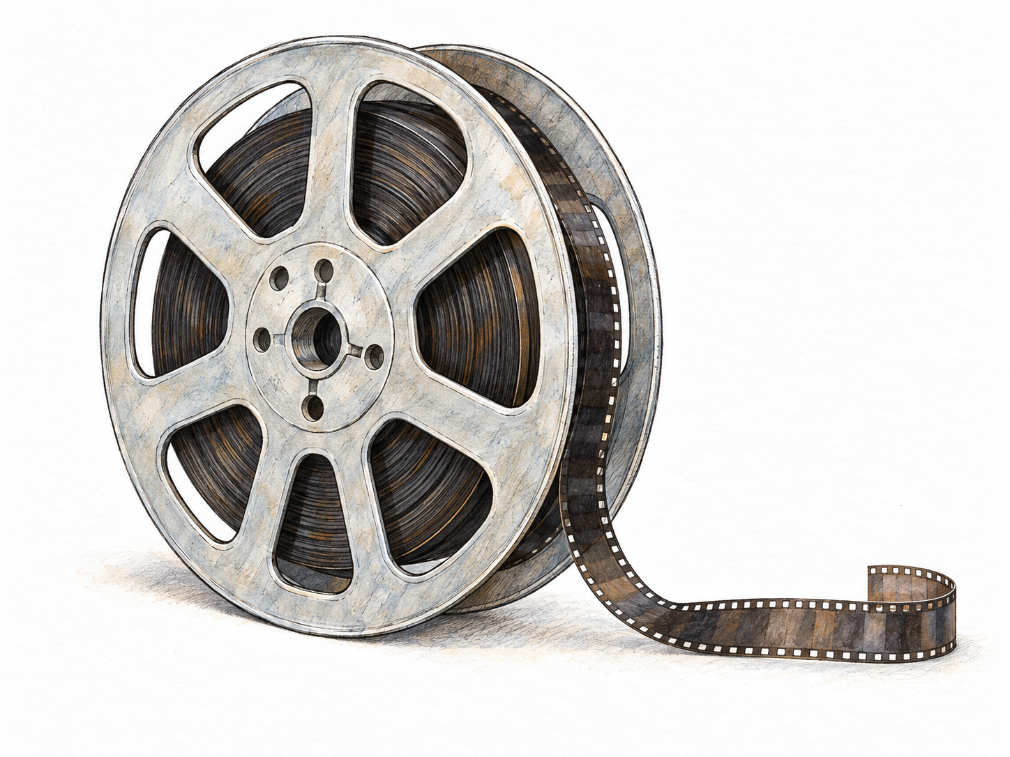 A single film reel viewed at a three-quarter angle, with film visibly wound around its central hub between two circular flanges and a short perforated strip unwinding onto the white surface.