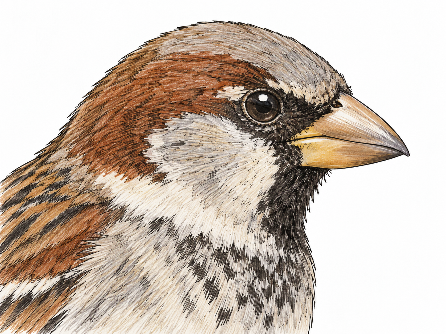 Close side view of common sparrow head, hard tan projecting beak clearly outlined and distinct from feathers, eye and upper neck enough context, white backdrop.