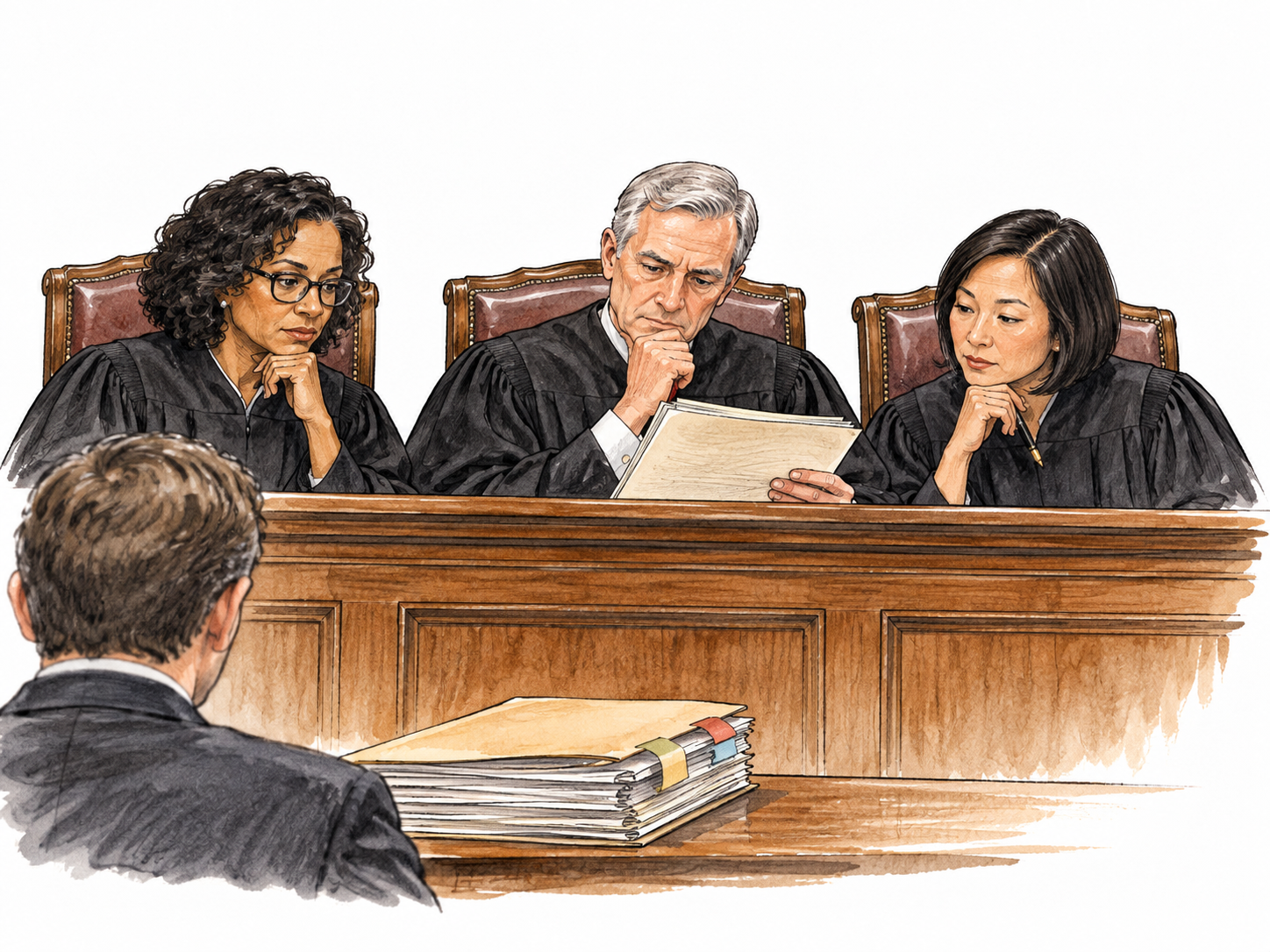 An upper court panel reviews a lower court case file, diverse judges and no readable writing.