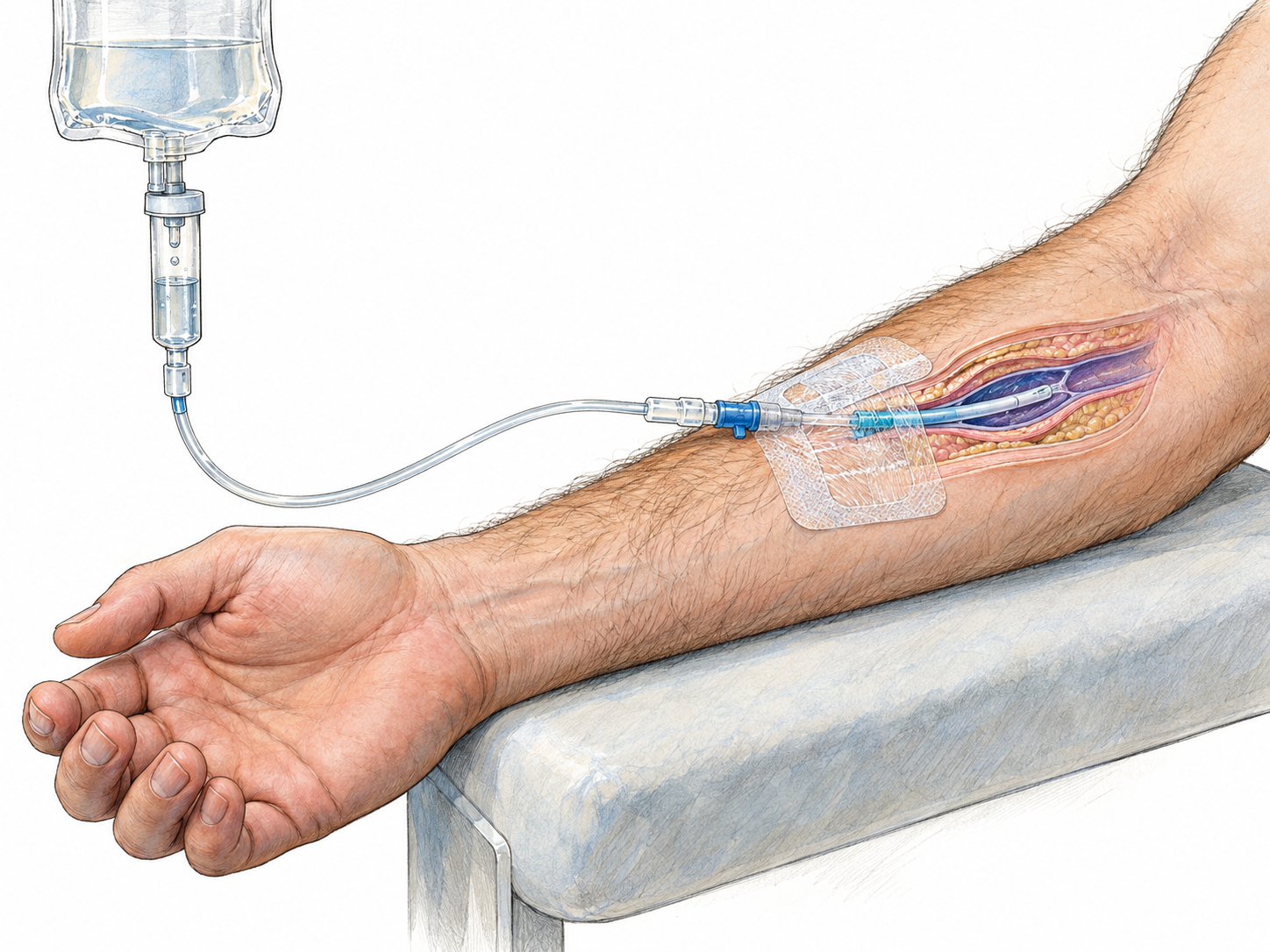 A close view of a patient's forearm receiving an IV infusion, with a small integrated cutaway revealing the flexible catheter tip inside a superficial vein.