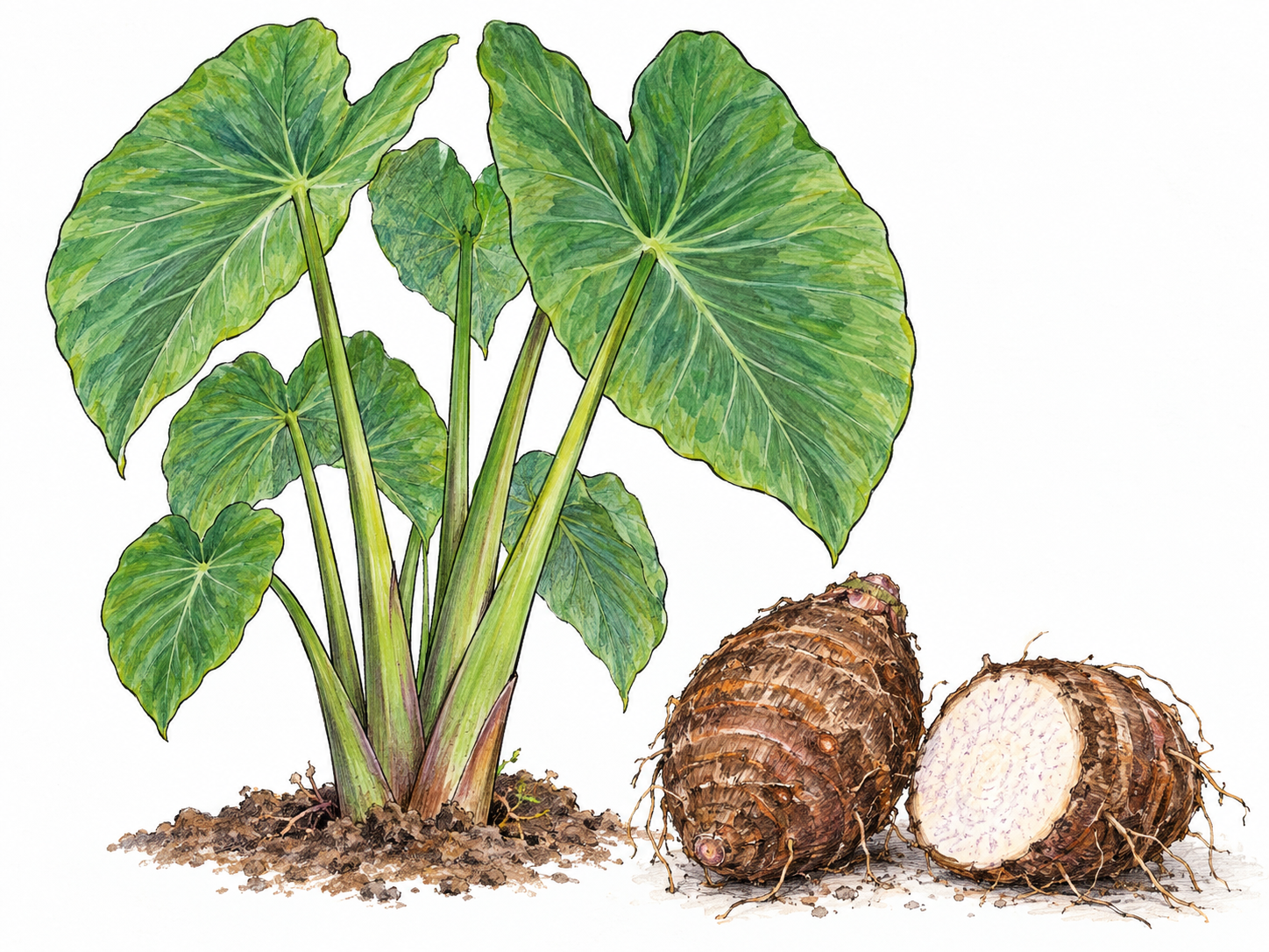A taro plant with broad heart-shaped leaves, shown beside freshly lifted taro corms, one cut open to reveal its pale starchy interior.