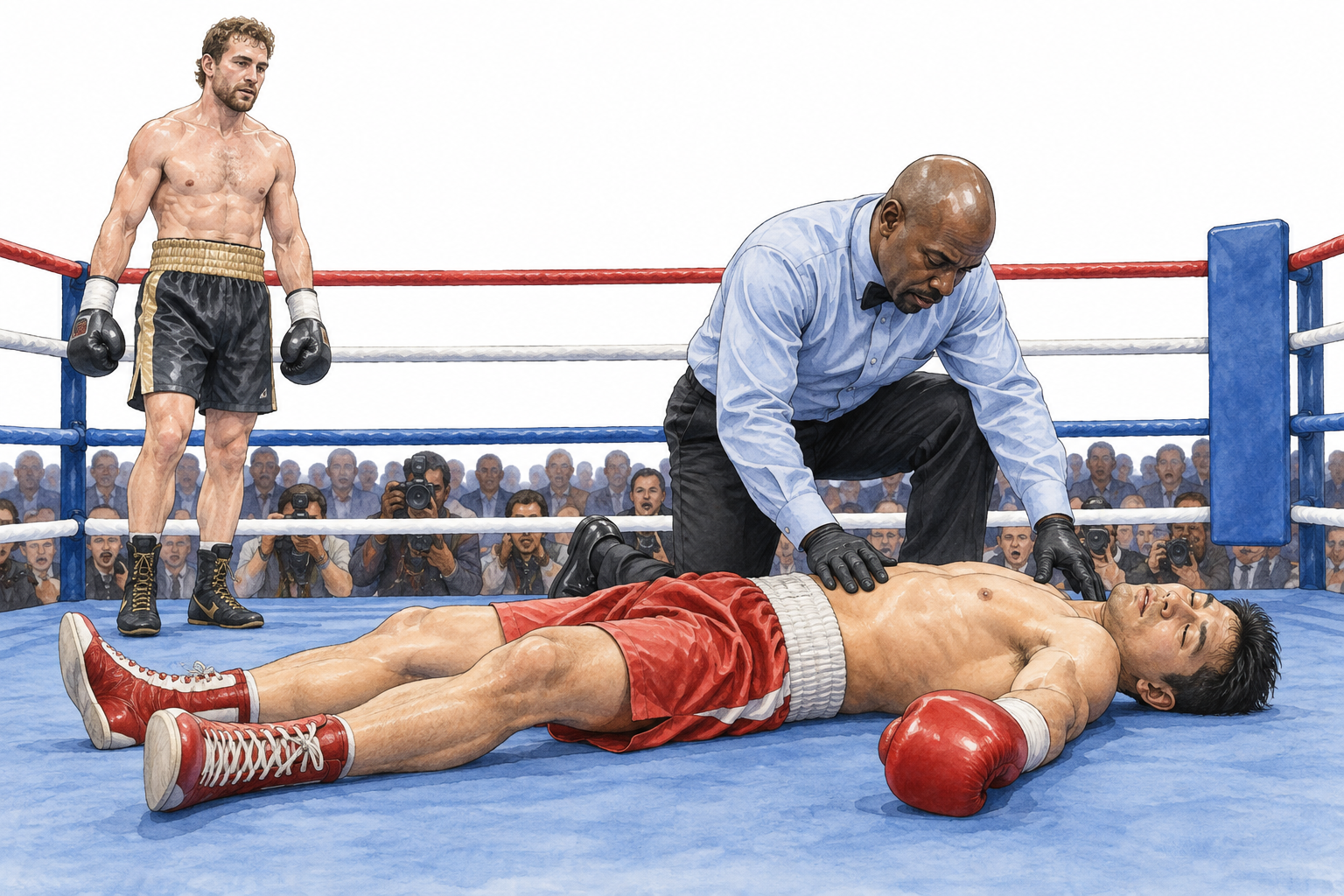 A referee attends an unconscious boxer after a knockout while the opponent stands back.