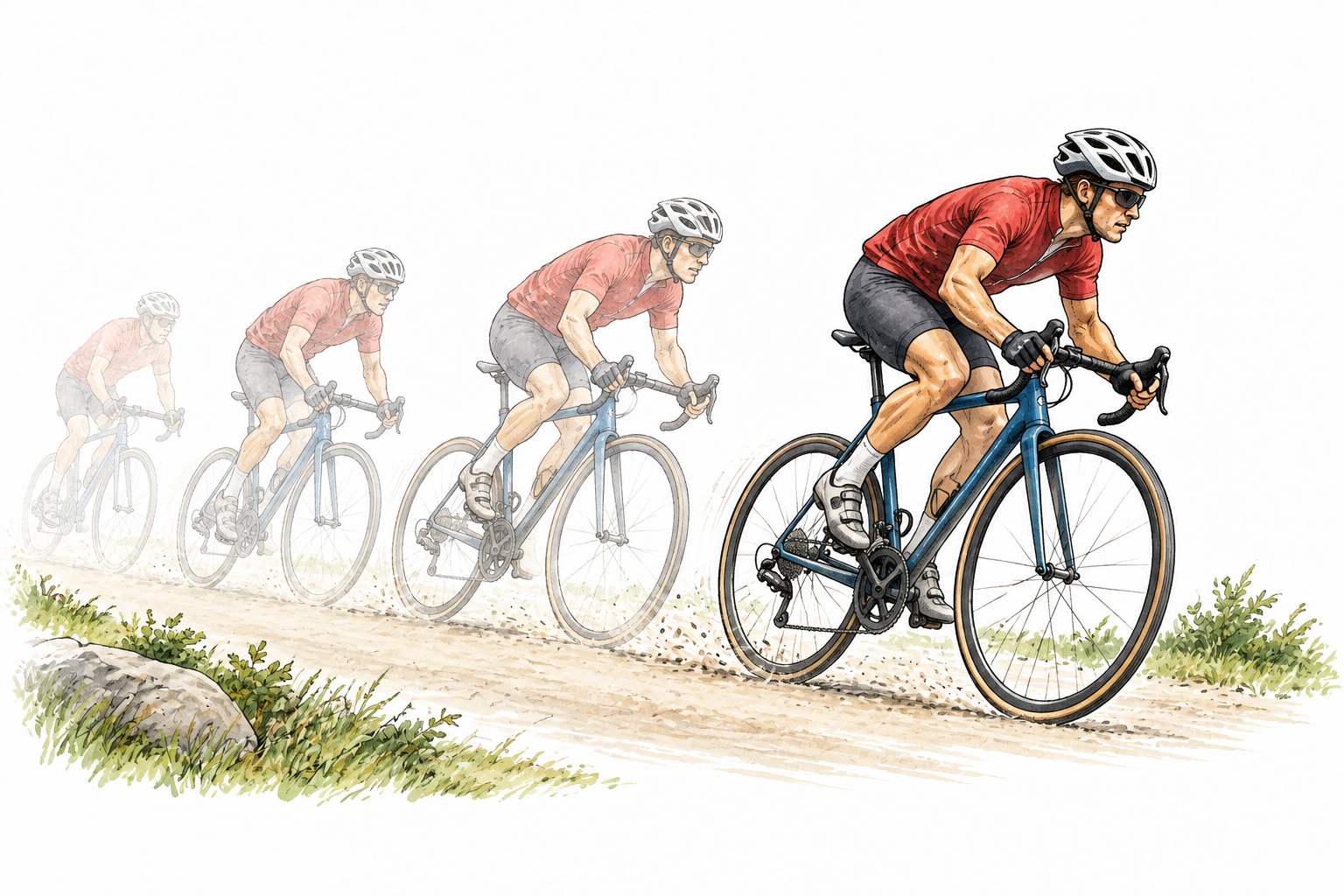 A cyclist pedals harder and speeds up on a clear path, increasing spacing between subtle earlier-position traces conveys becoming faster.