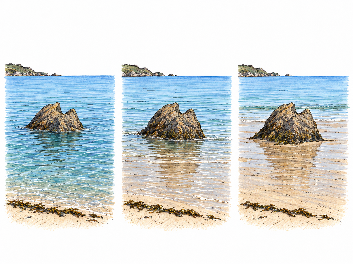 A text-free three-stage view of the same quiet rocky shore shows the sea progressively withdrawing, exposing more sand and more of one distinctive rock.