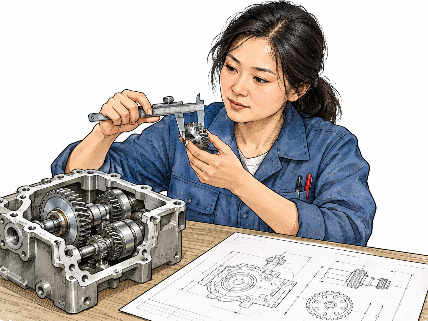 An engineer studies an open mechanical assembly and a pictorial technical drawing, checking a component with calipers.