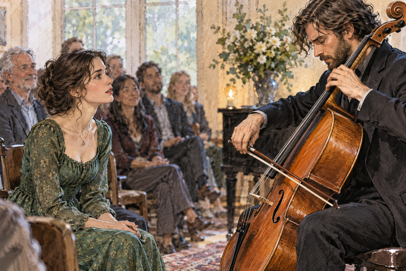 A young woman sits utterly rapt at a small live cello performance, eyes fixed on the musician, lips slightly parted, hands resting forgotten in her lap; other audience members softly blurred behind.