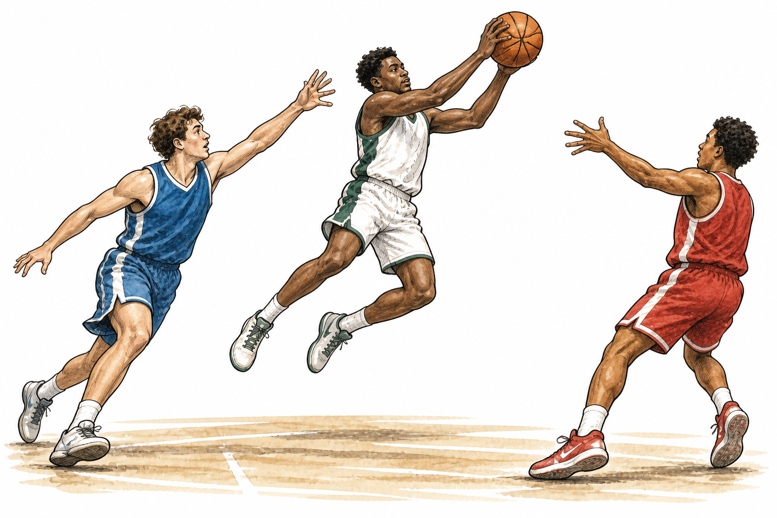 A basketball defender catches an airborne pass between two opposing players, clear interception.