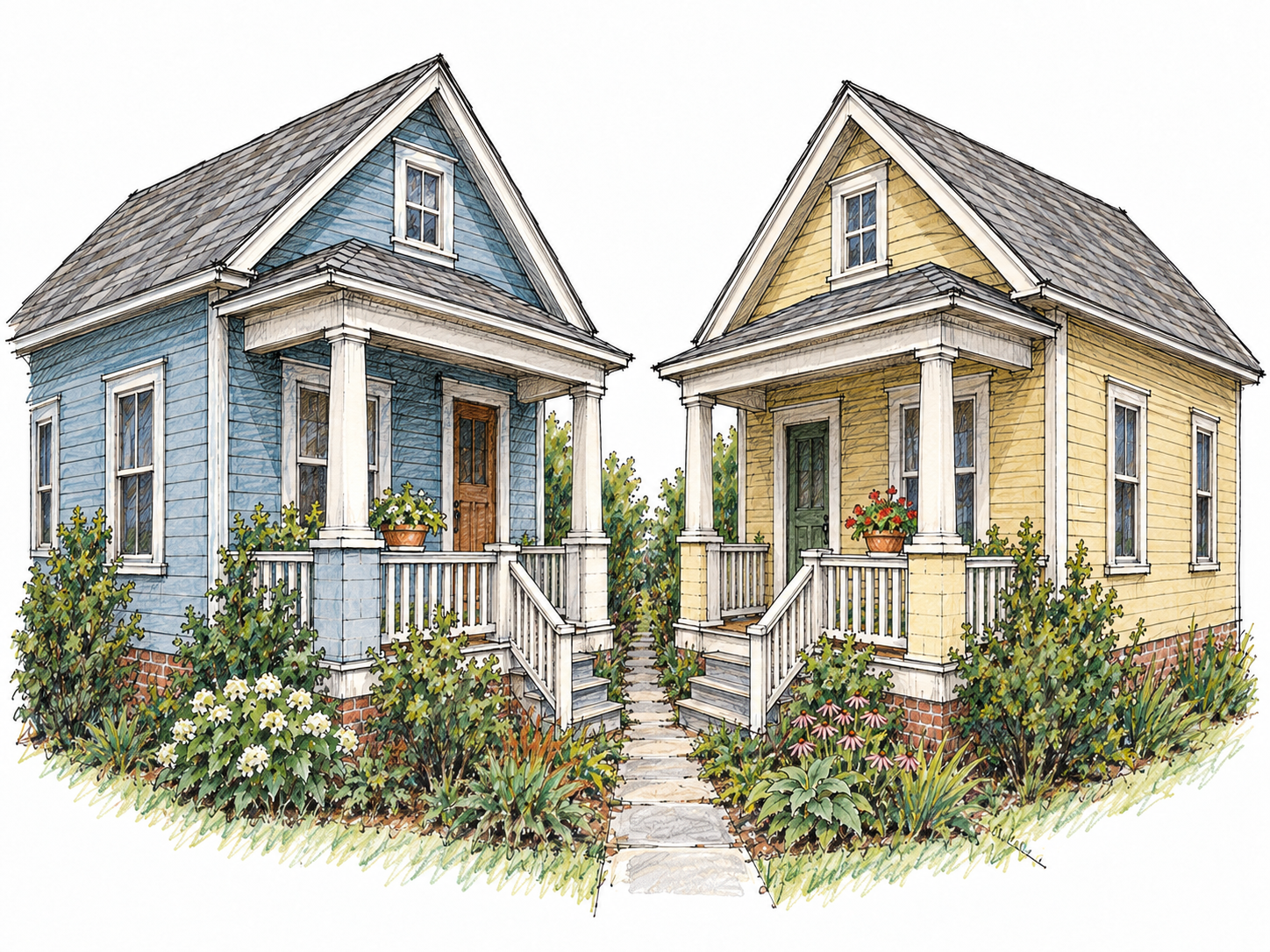 Two neighboring houses stand very close together, with only a narrow garden path between their facing porches, illustrating nearness in place.