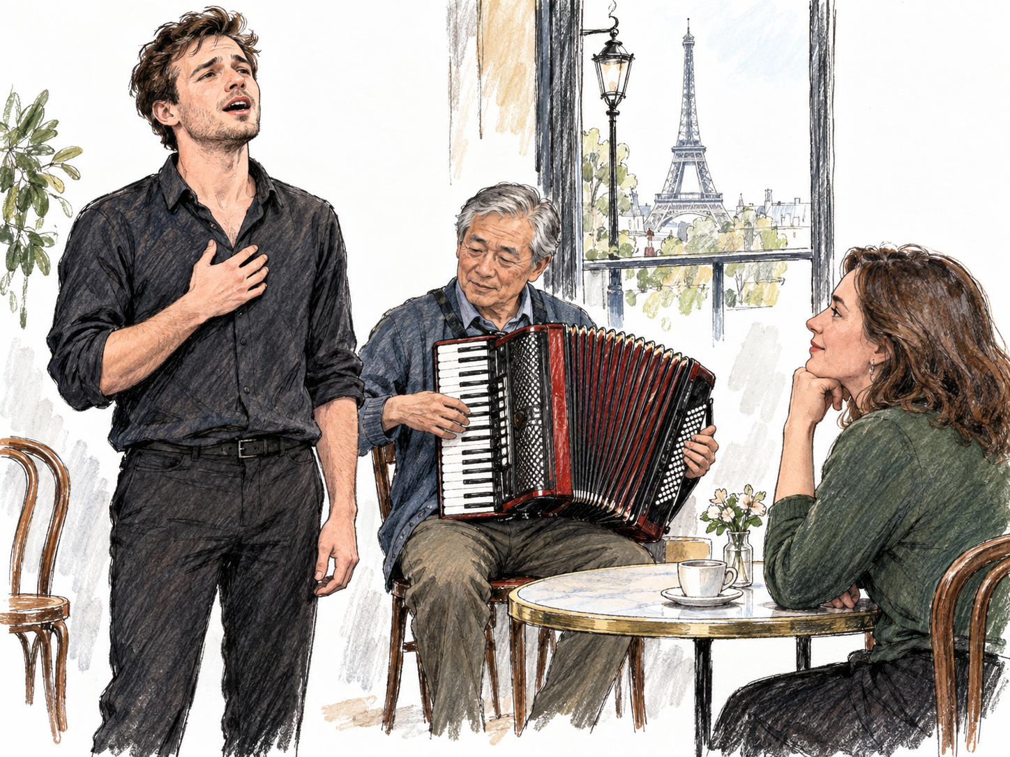 An intimate Paris café performance: a solo singer delivers an expressive song with gentle accordion accompaniment, combining a clearly French setting with the personal, lyrical presentation associated with chanson.