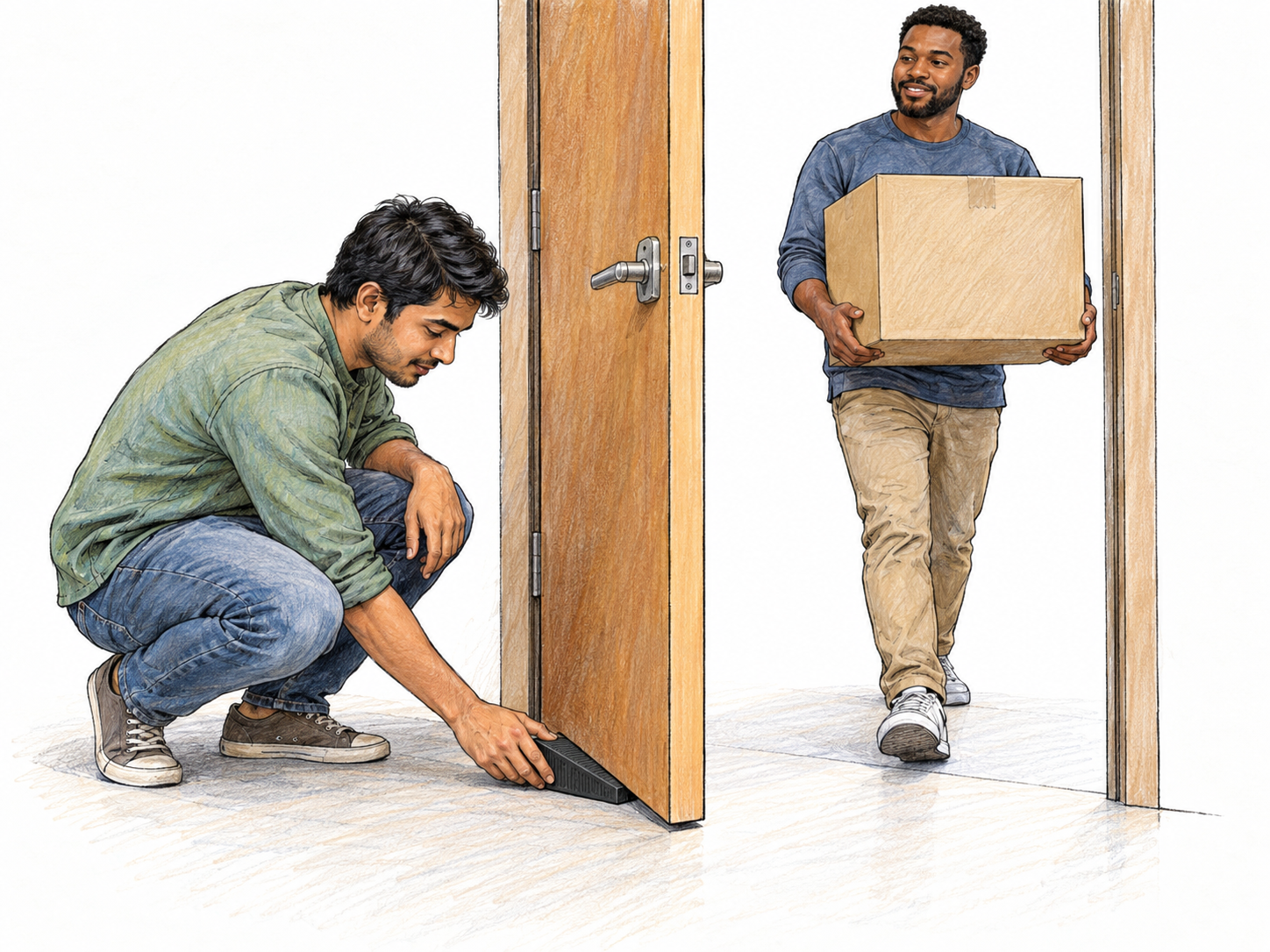 A man wedges a door firmly open so that another man can carry a large box through without the door swinging shut.