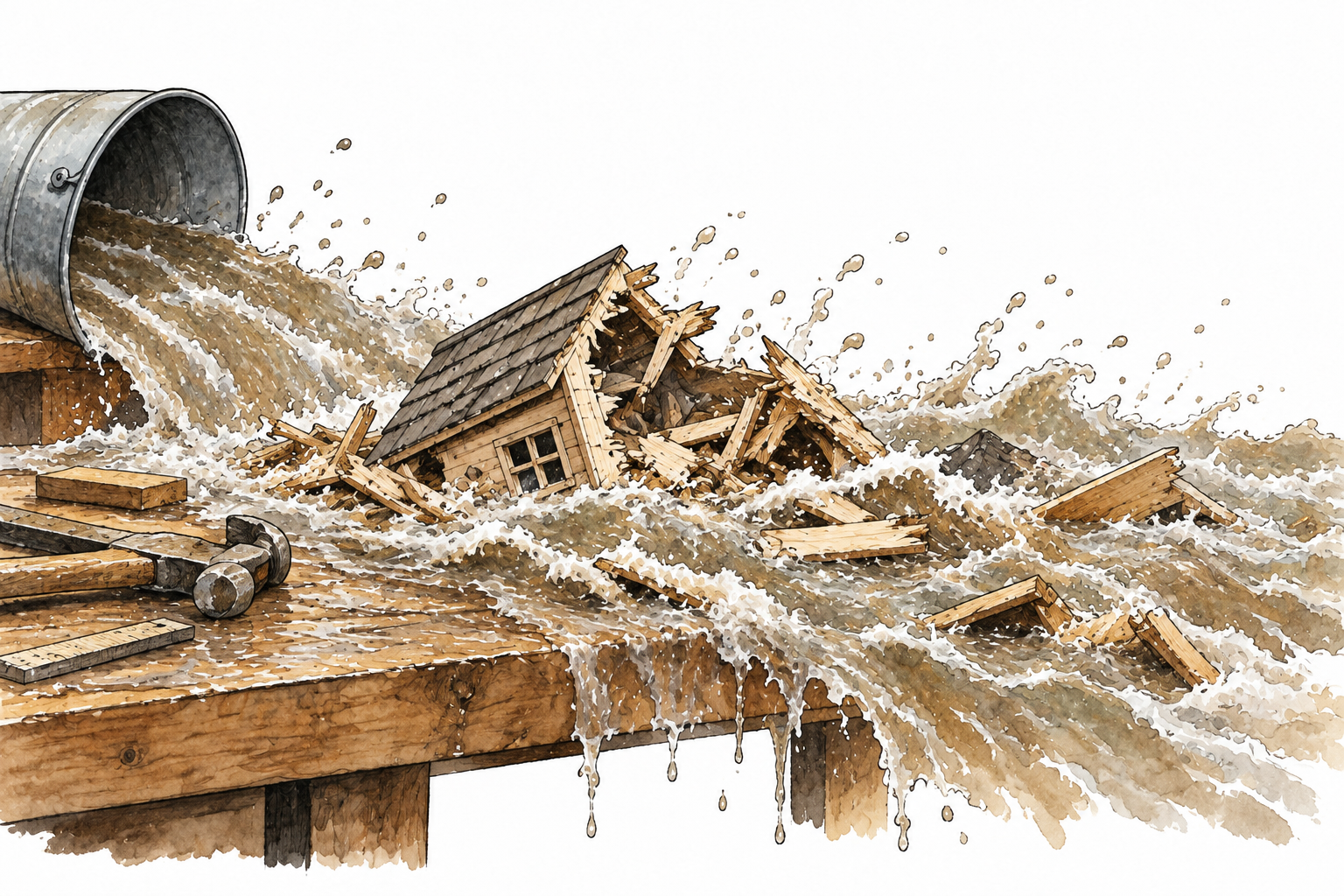 Floodwater completely destroys a carefully built small wooden model house on a workbench, unmistakable total damage.