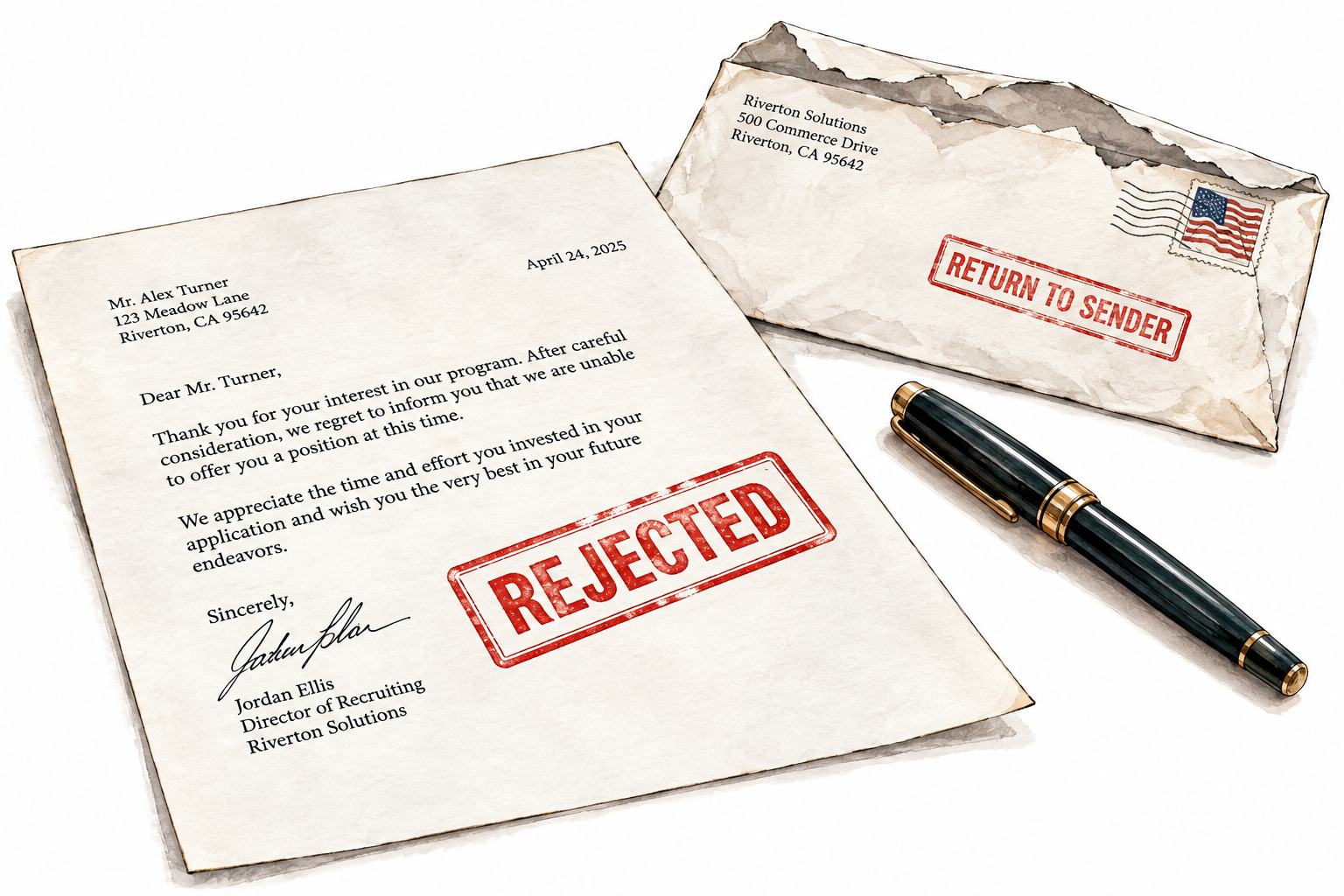 Formal letter on desk bearing a bold red REJECTED stamp beside unused pen and returned envelope.