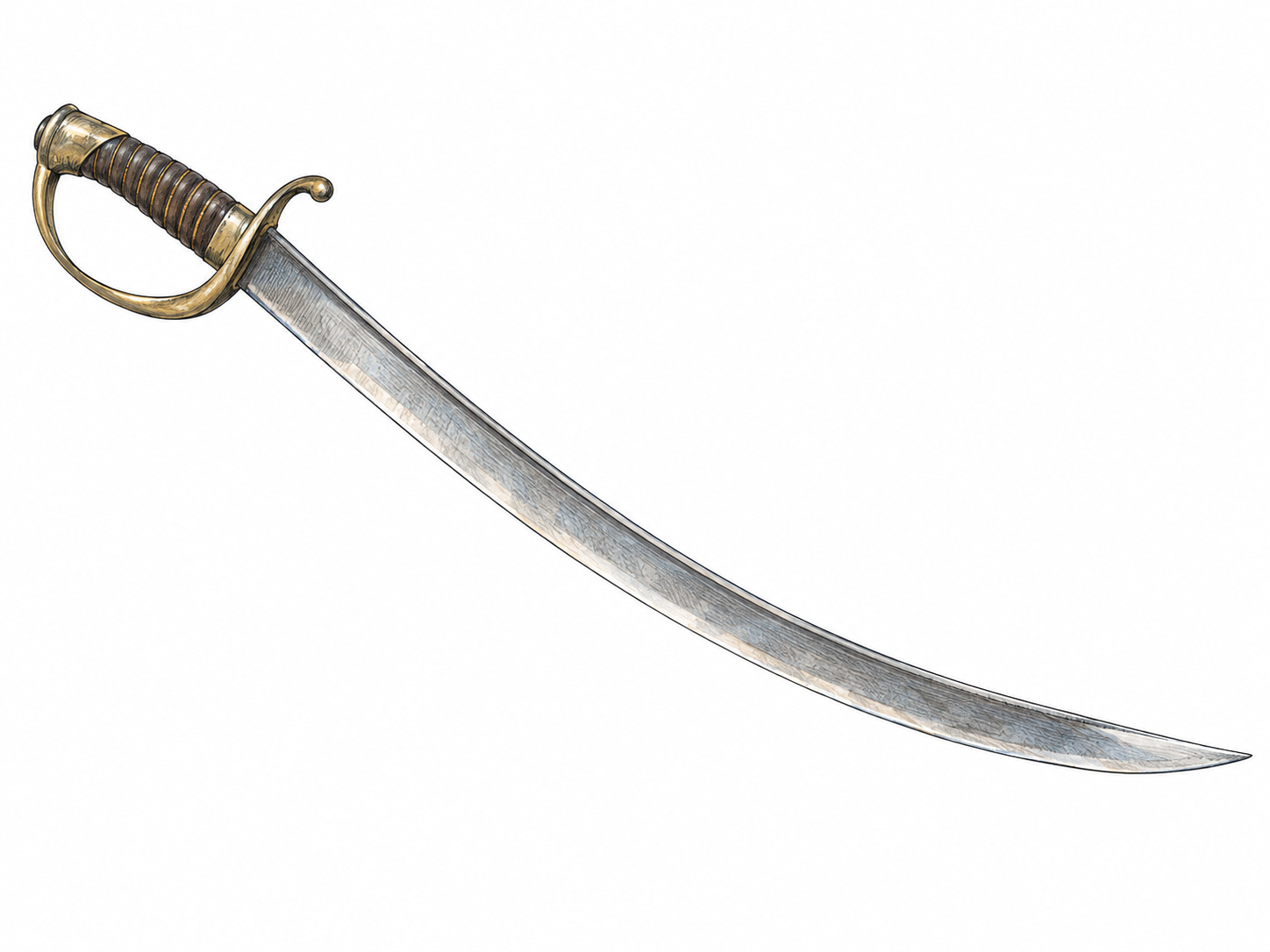 A single unsheathed saber shown in a clear side view, with a gently curved blade, one sharpened convex cutting edge, a visibly blunt concave spine, and a protective knuckle guard.