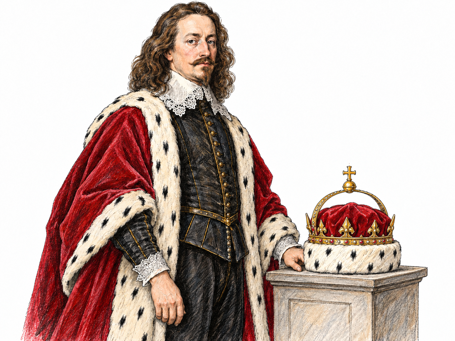 A seventeenth-century Austrian archduke in formal court dress and an ermine-lined mantle, standing beside a prominently displayed Austrian archducal hat.
