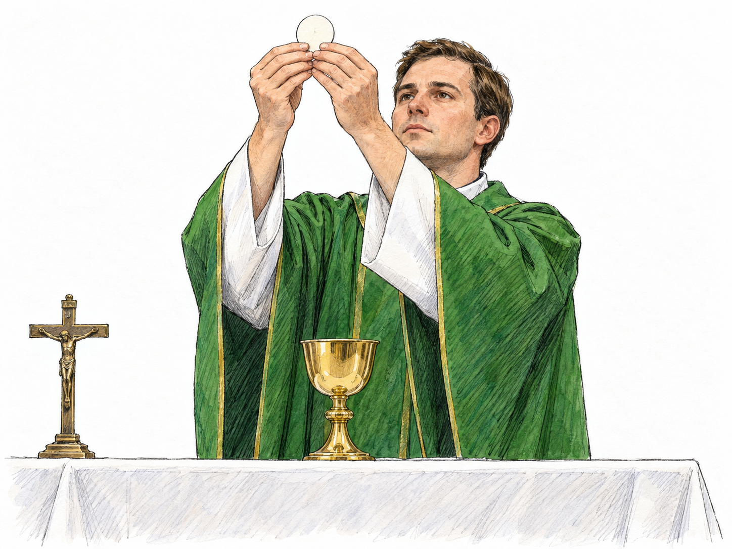 A Catholic priest celebrates the Eucharist, raising a communion host above a chalice at a simple altar.