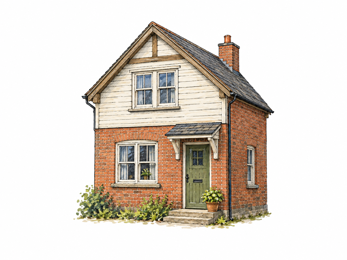 One modest two-story detached home with front door, two ordinary windows, small front step and a potted plant.