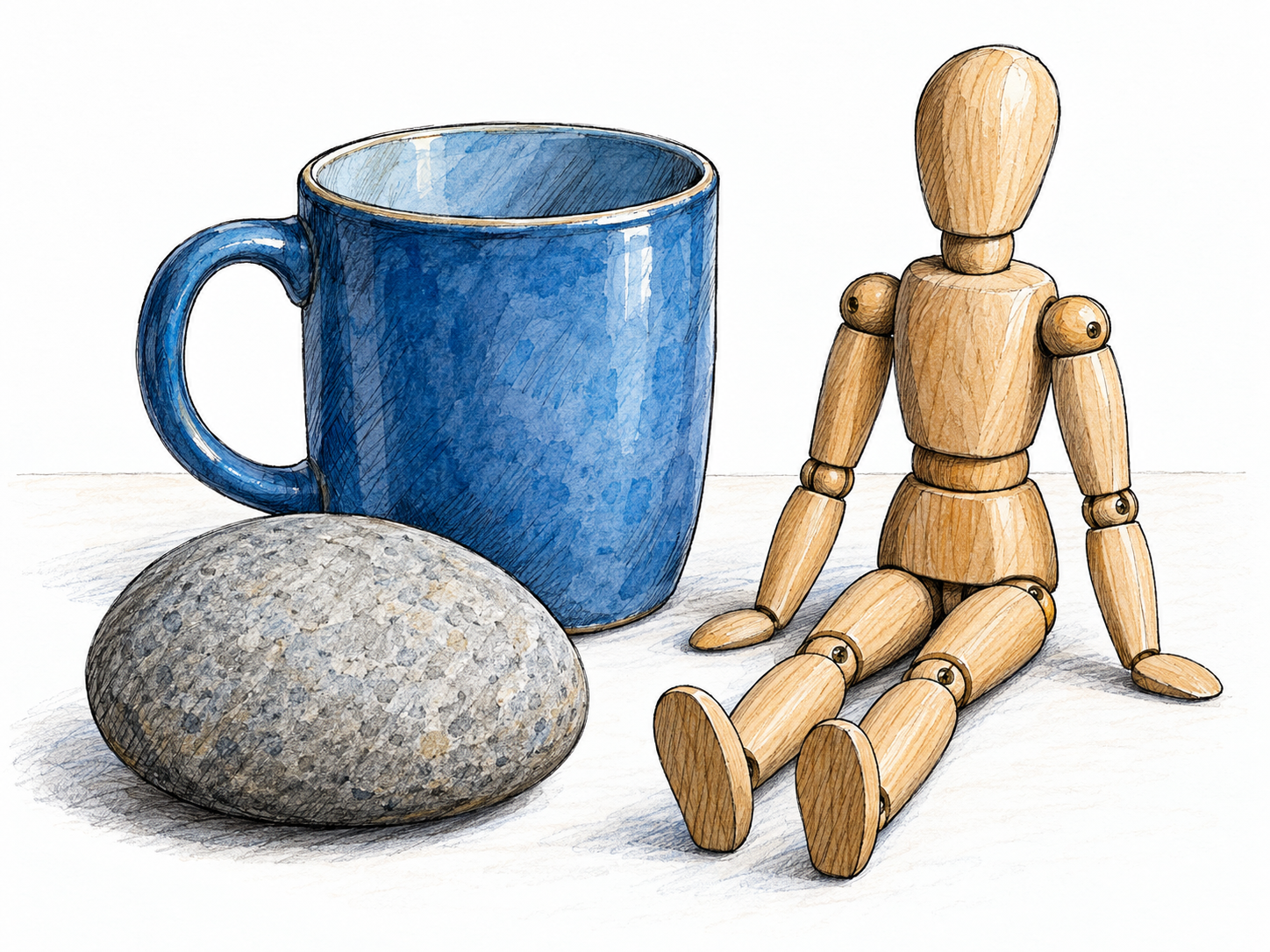 A small still life of unmistakably nonliving objects: a stone, a ceramic mug, and an articulated wooden artist’s mannequin whose exposed joints make its humanlike form visibly artificial.