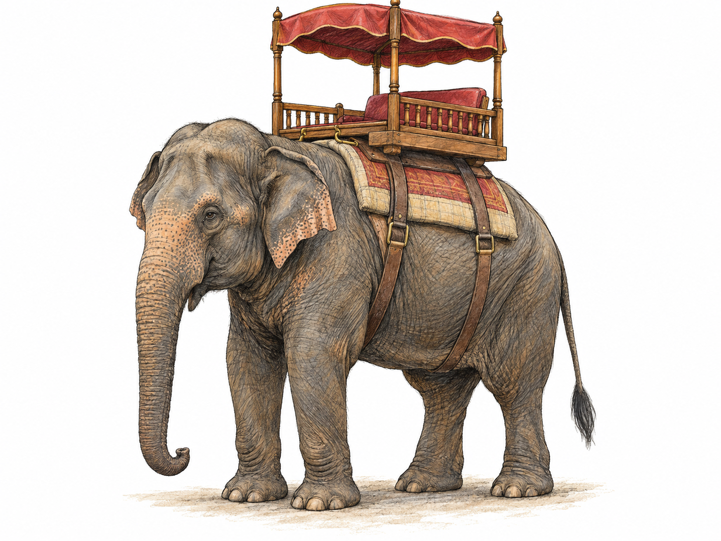 An Asian elephant in three-quarter side view carries an empty, clearly visible canopied howdah: a raised passenger seat with a low railing, padded bench, and four posts supporting a fabric roof.