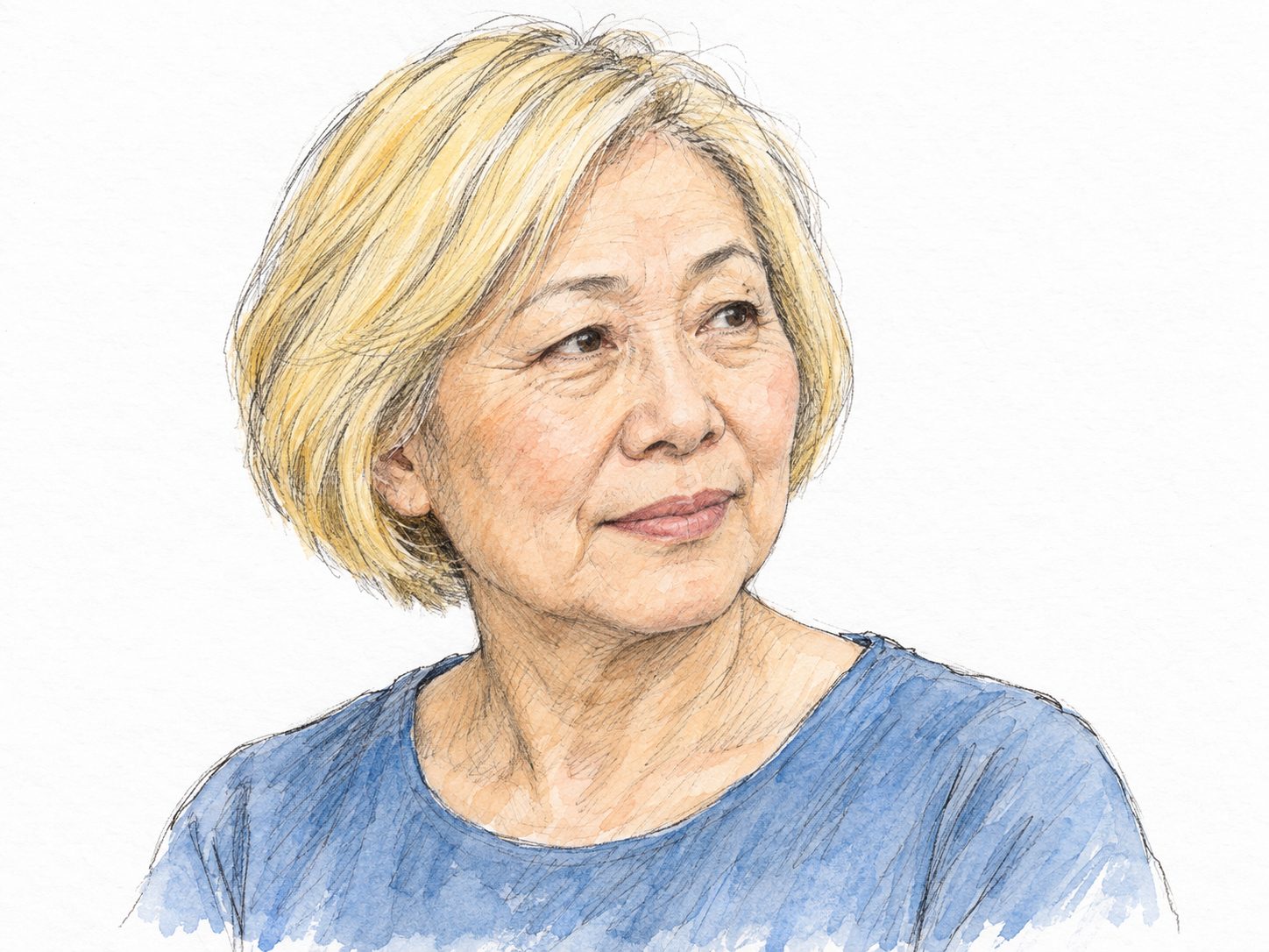 A simple head-and-shoulders portrait of an older East Asian woman with clearly light yellowish blond hair, making the hair color the unmistakable focus.