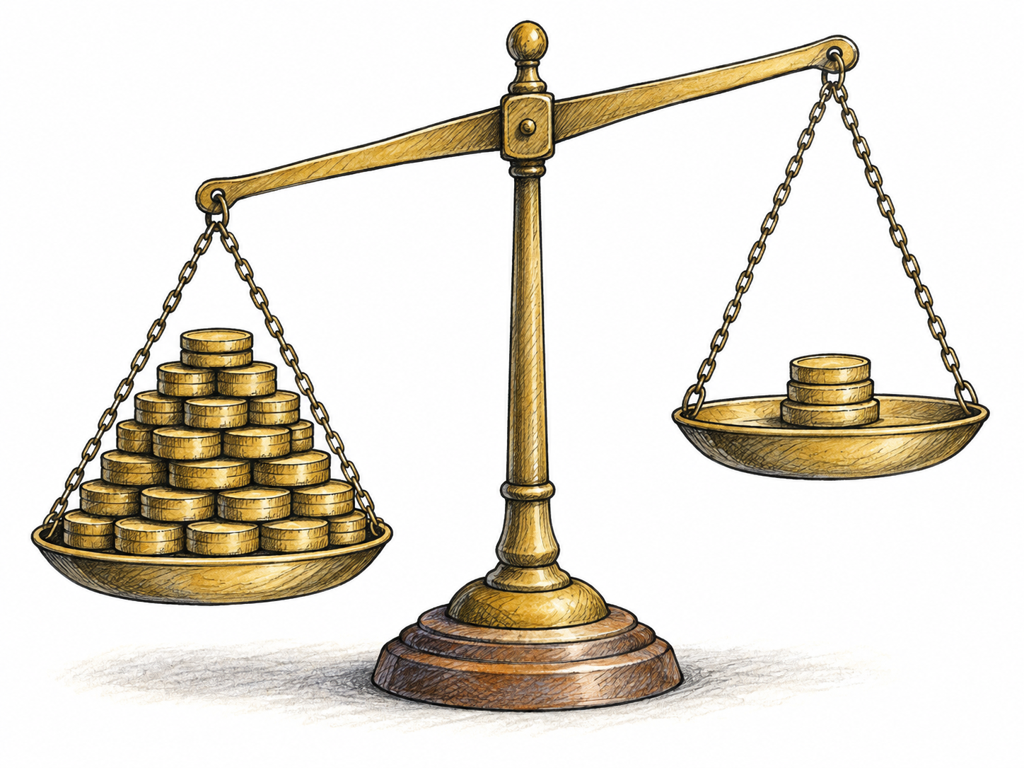 A balance scale is decisively lowered by a much larger pile of identical counters on one side, showing greater weight and amount.