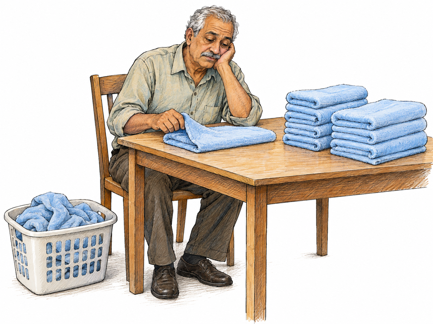 An older man methodically folds another identical plain towel from a laundry basket, surrounded by neat stacks of the same towels.