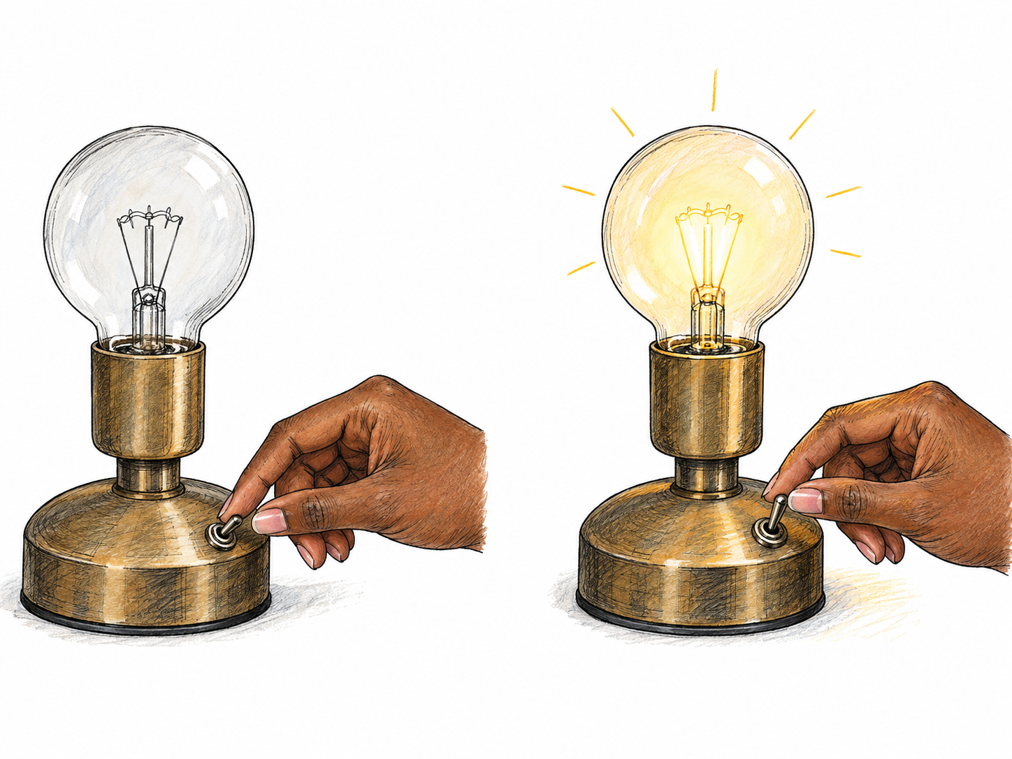 A two-panel close-up shows the same hand flipping a two-position toggle switch on a small lamp: lever down with the bulb dark, then lever up with the bulb lit.