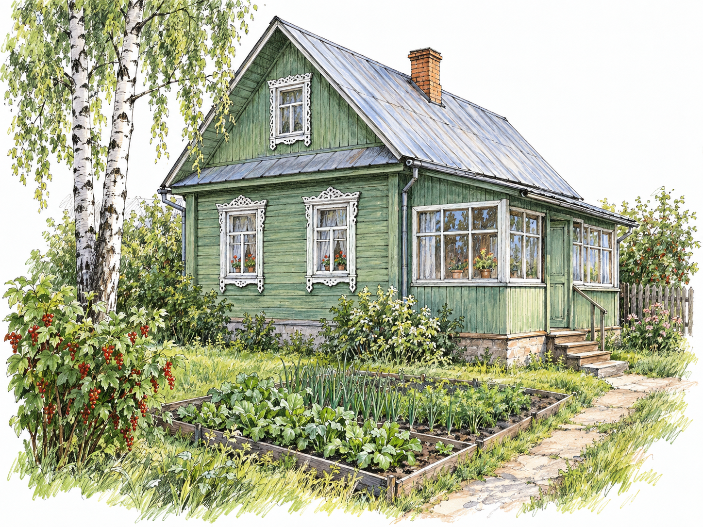 A modest Russian wooden dacha with carved window trim and a small veranda, beside a productive garden and birch trees.