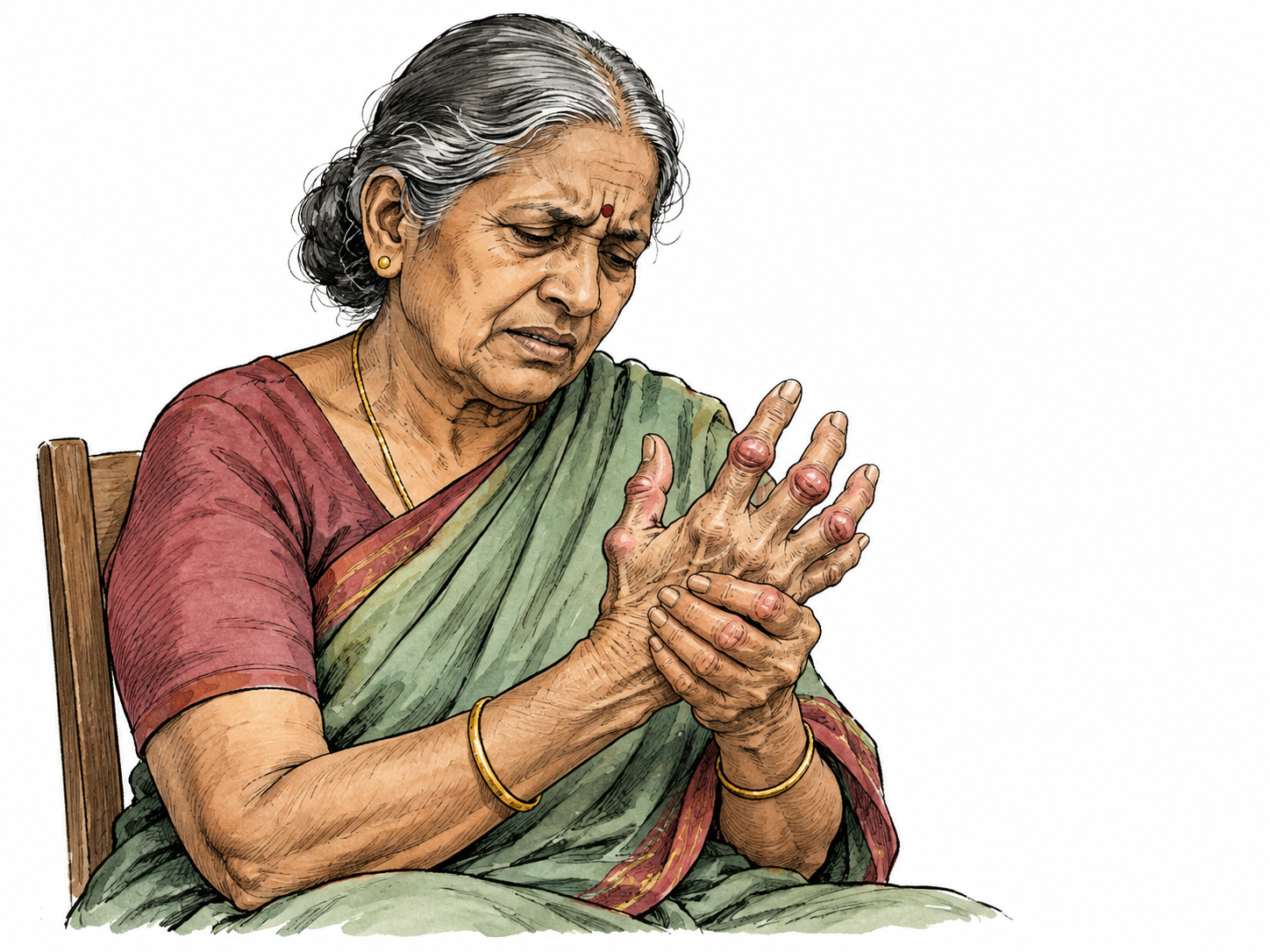 Older South Asian woman holds stiff swollen knuckles with discomfort.