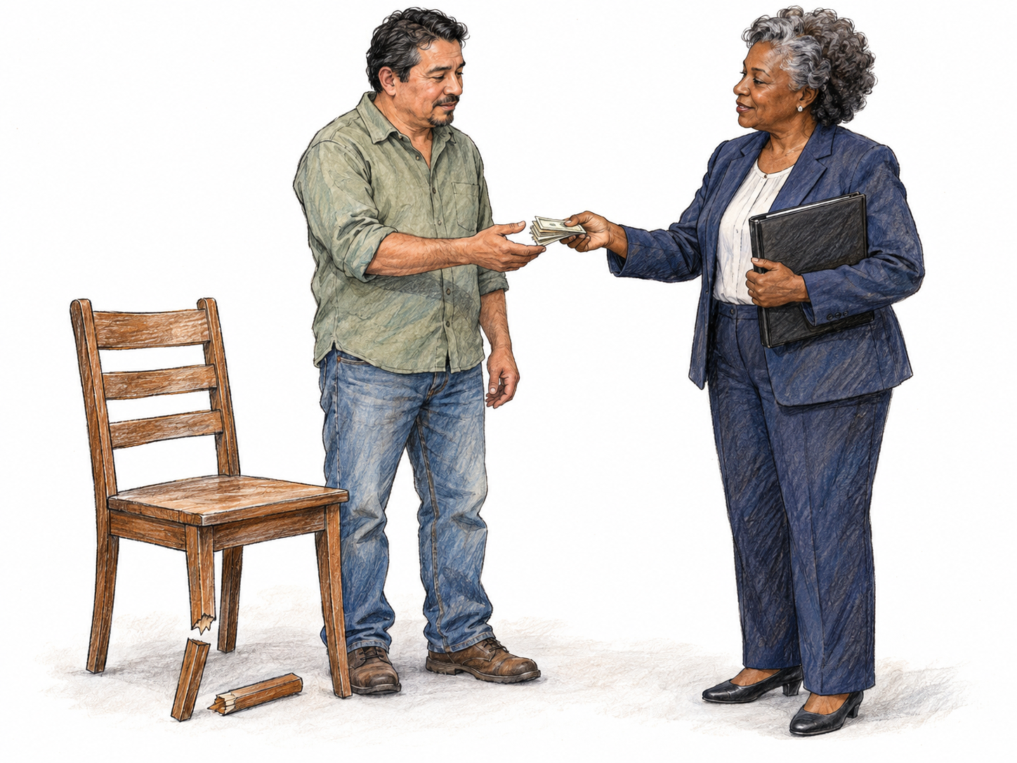 An insurance representative hands compensation money to a homeowner beside the homeowner’s visibly damaged chair, making payment for damage concrete.
