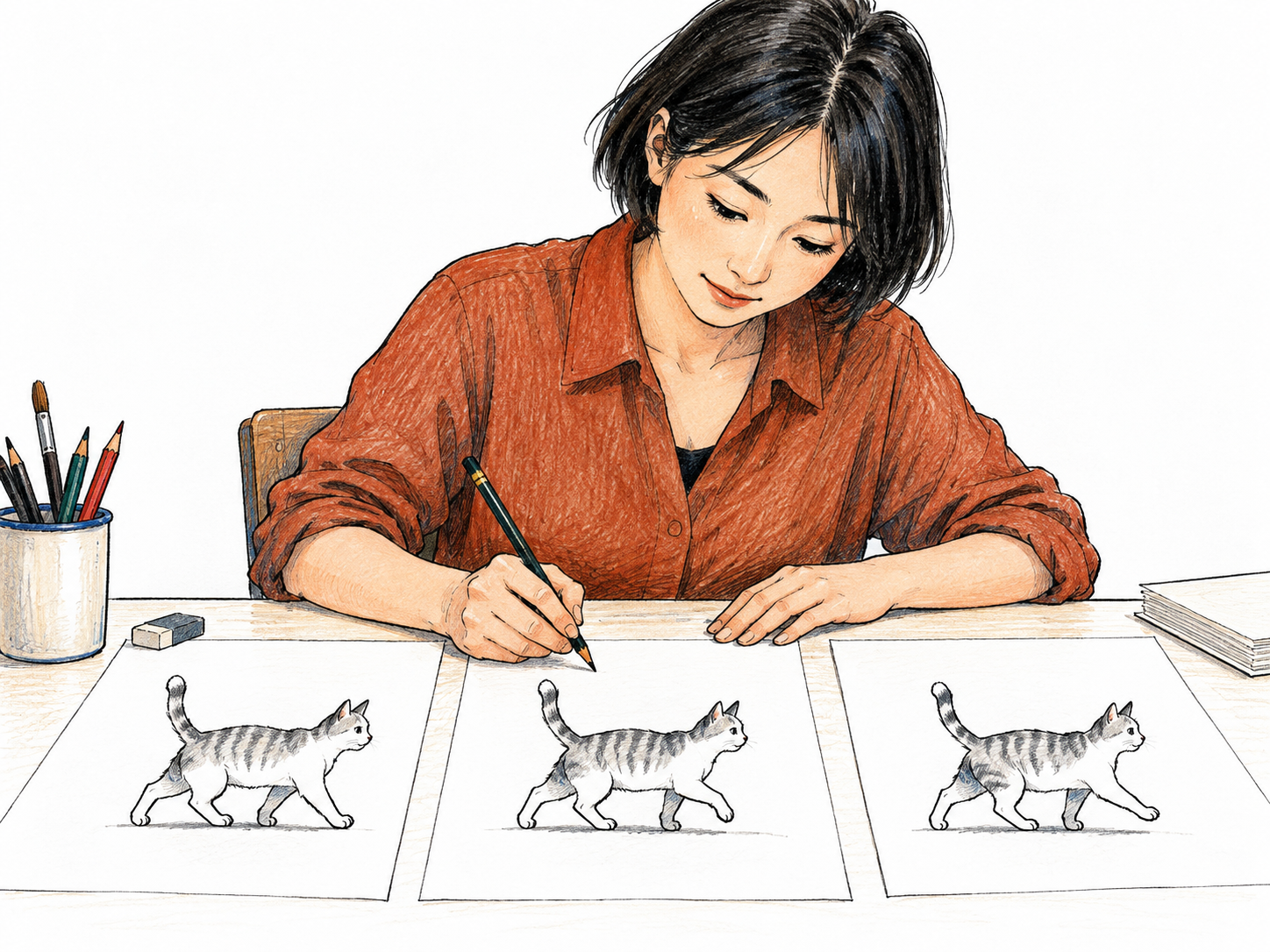 Animator at simple drawing desk draws successive poses of a little hand-drawn cat on three separate sheets, each cat in a different walk-cycle pose.