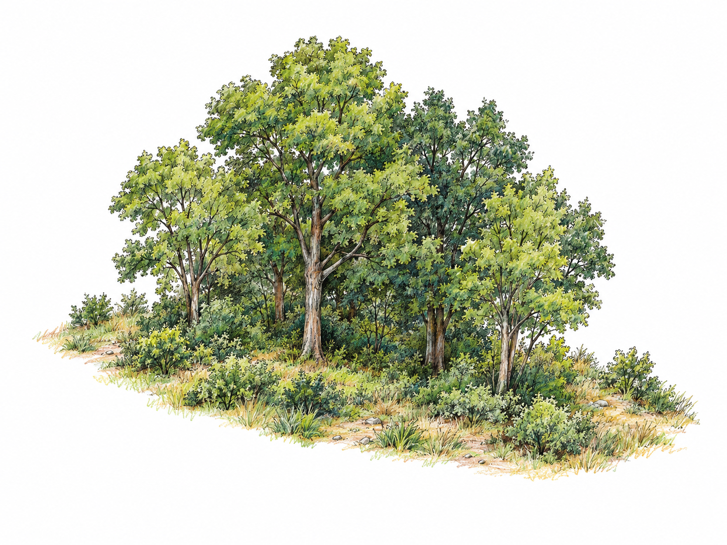 A compact stand of leafy trees with a sparse fringe of low shrubs and grasses along its outer edge, opening onto bare white ground.