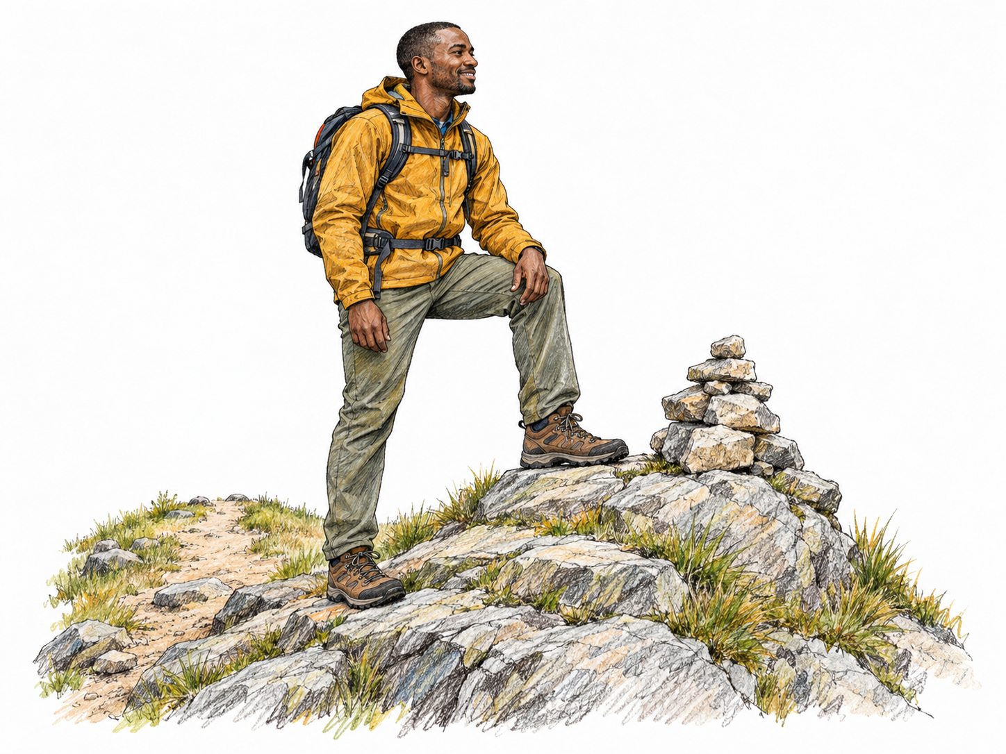 An adult hiker with a small backpack takes the final step onto a clearly visible mountain summit marked by a modest stone cairn.