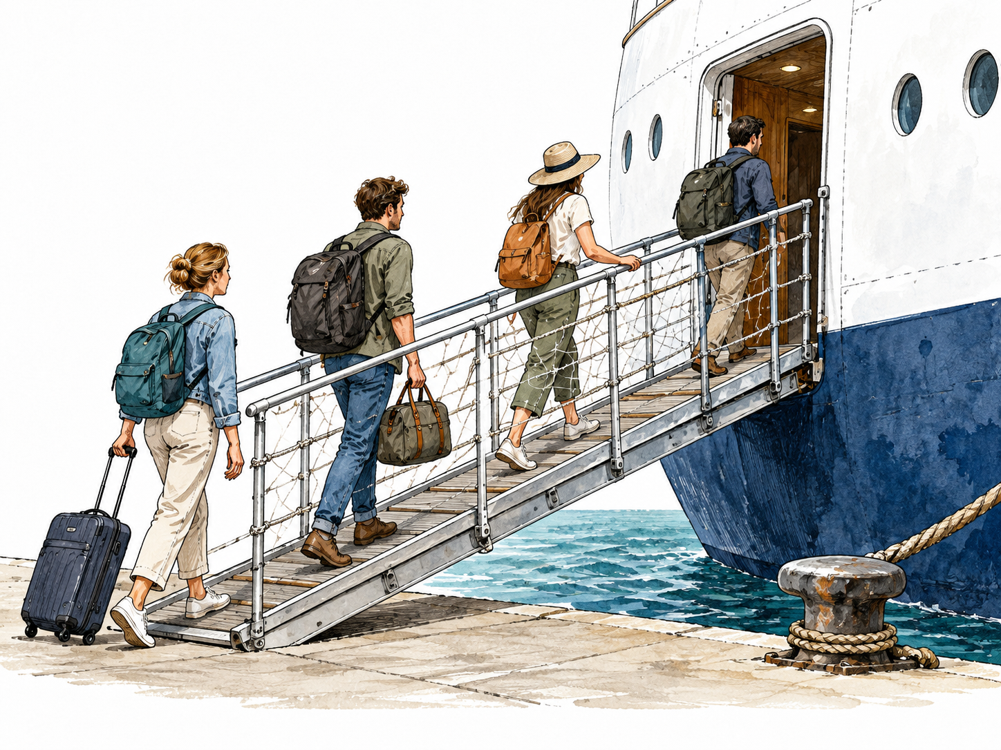 Travelers with small bags walk up a gangway toward a waiting ship, direction clearly boarding.