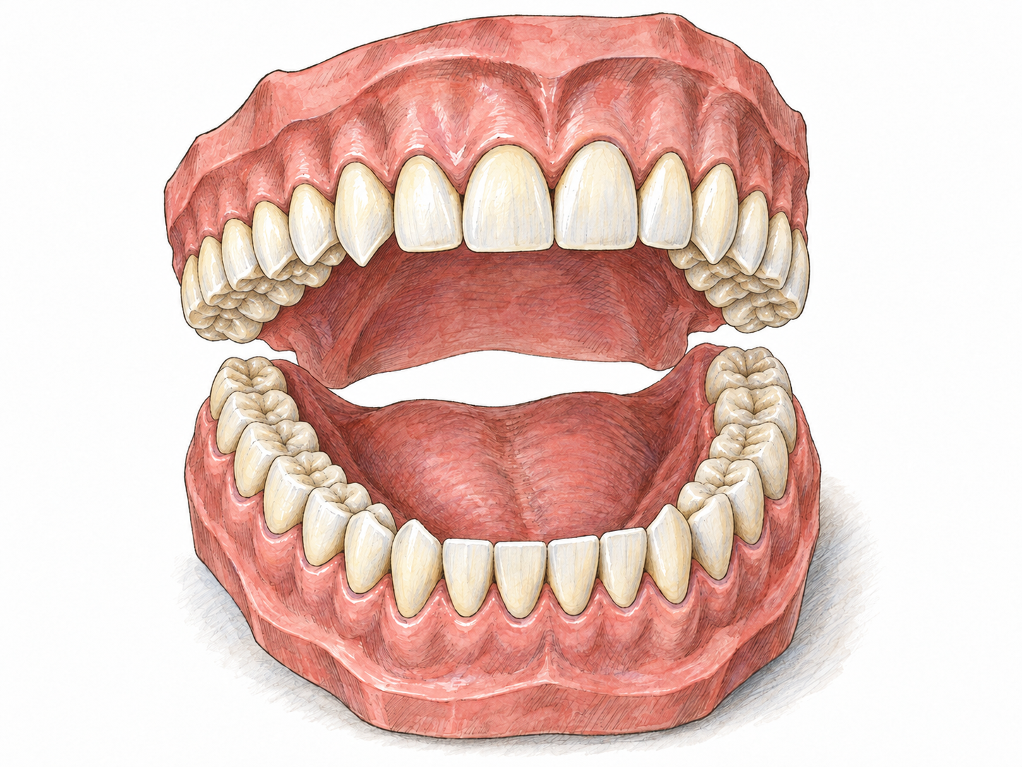An open anatomical dental model displays complete upper and lower adult tooth arches, making their orderly arrangement and the distinct shapes of incisors, canines, premolars, and molars visible together.