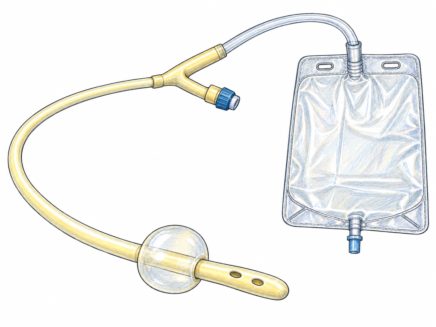 An isolated urinary drainage catheter and connected collection bag, shown as manufactured medical equipment without a patient, insertion, or anatomical cutaway.