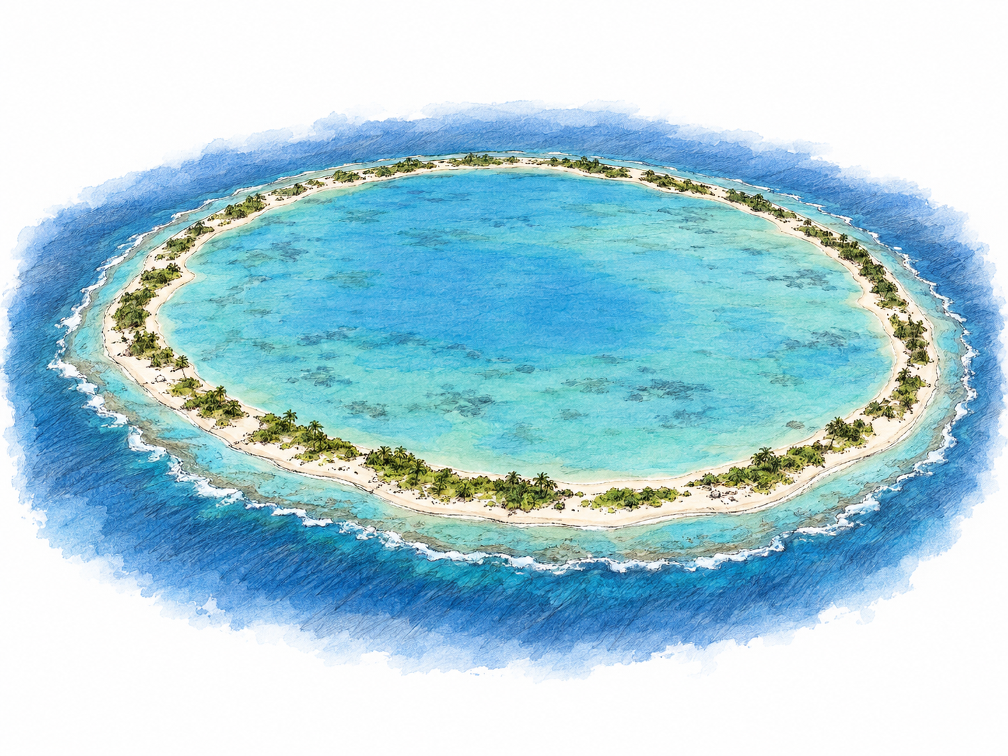 An elevated oblique view of a ring-shaped coral island enclosing a shallow turquoise lagoon, with deeper blue ocean outside the ring.