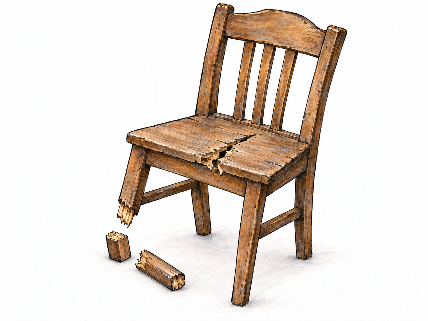 A single wooden chair with one snapped front leg and a split seat, visibly tilted and unusable, with the broken leg segment lying beside it.