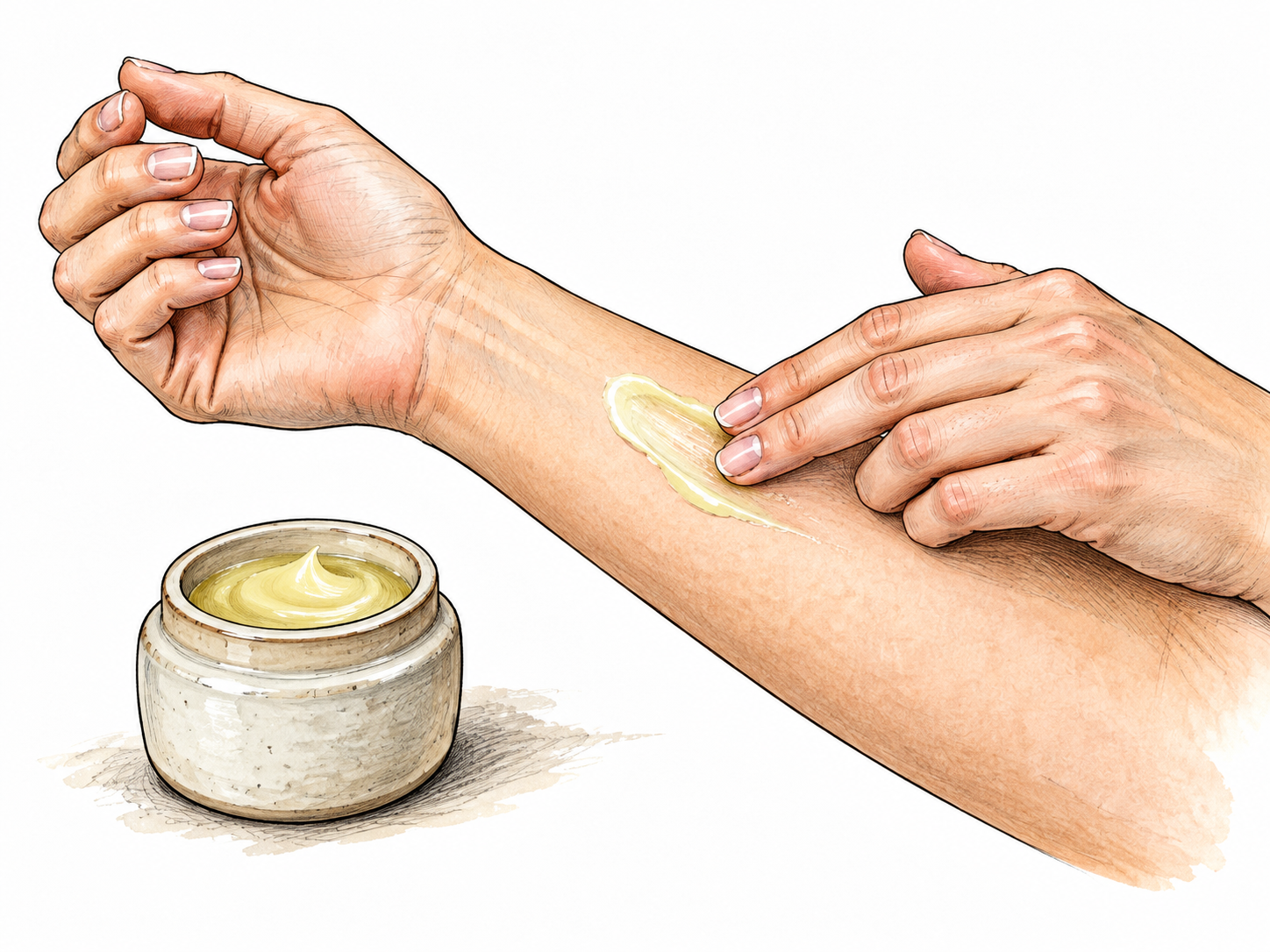 A small ceramic jar of smooth medicinal salve beside a hand gently applying it to intact dry skin on forearm, soothing ointment clearly visible, no labels or wounds.