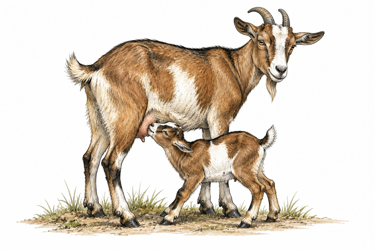 A mother goat calmly nurses her young kid at the udder, natural animal feeding with accurate anatomy.