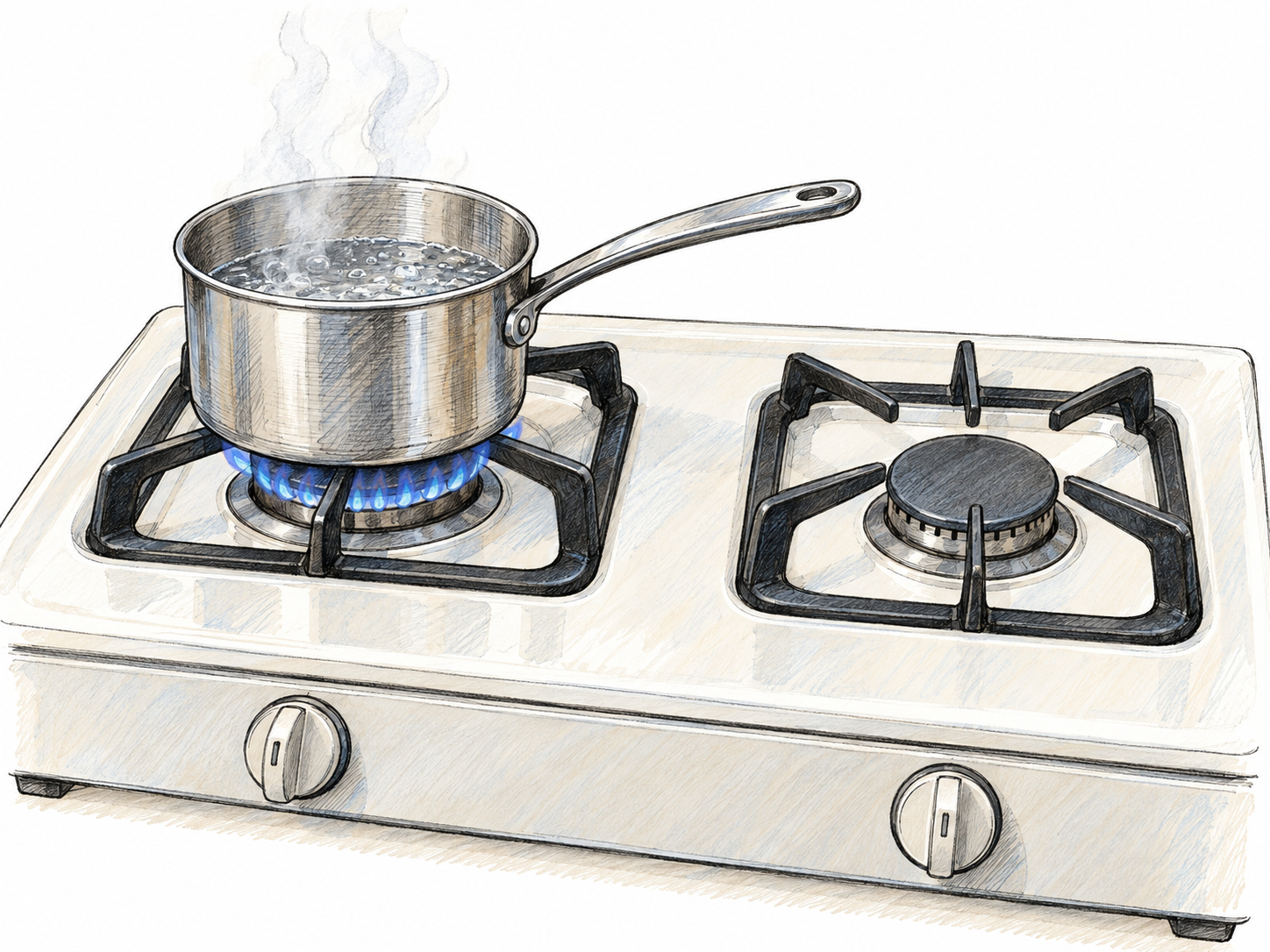 A close three-quarter view of a stove's cooking surface, with a saucepan on one lit gas burner and a second uncovered burner clearly visible.