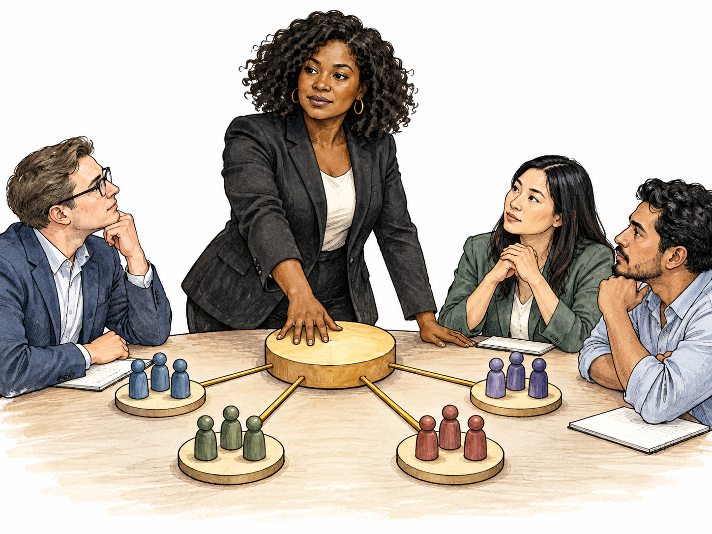 At a meeting, one large central organization model occupies table center while smaller groups arrange themselves around its decisions, dominant group influence without flags.