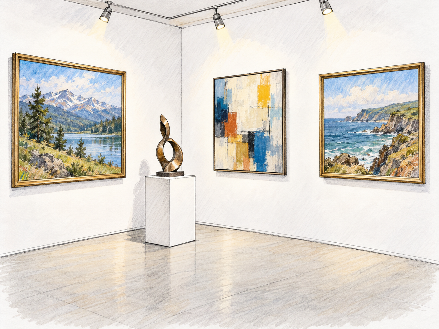 A spare art-gallery room with several framed paintings displayed at viewing height and a freestanding sculpture on a plinth.