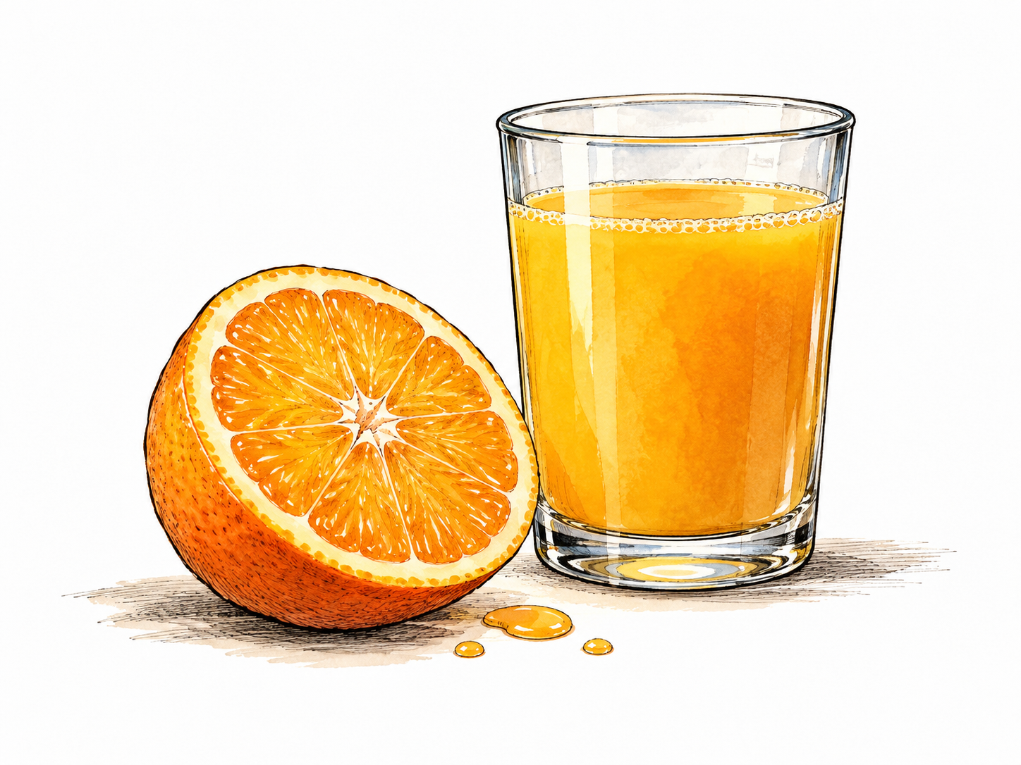 A fresh orange half beside a clear glass of orange juice and a few drops.